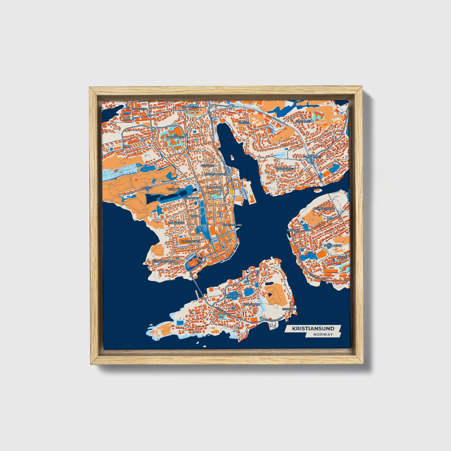 Kristiansund Norway Colorful City Map Canvas Print • Natural Wooden Framed