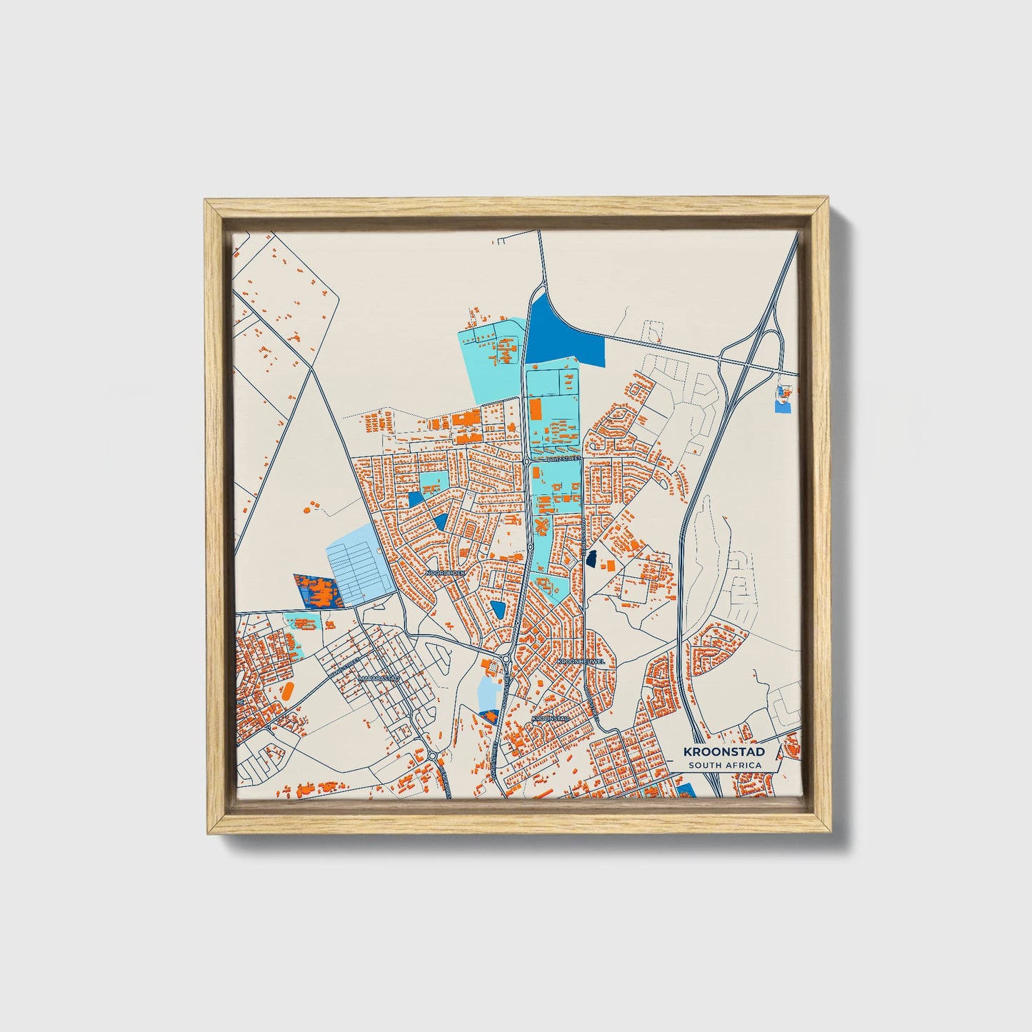 Kroonstad South Africa Colorful City Map Canvas Print • Natural Wooden Framed