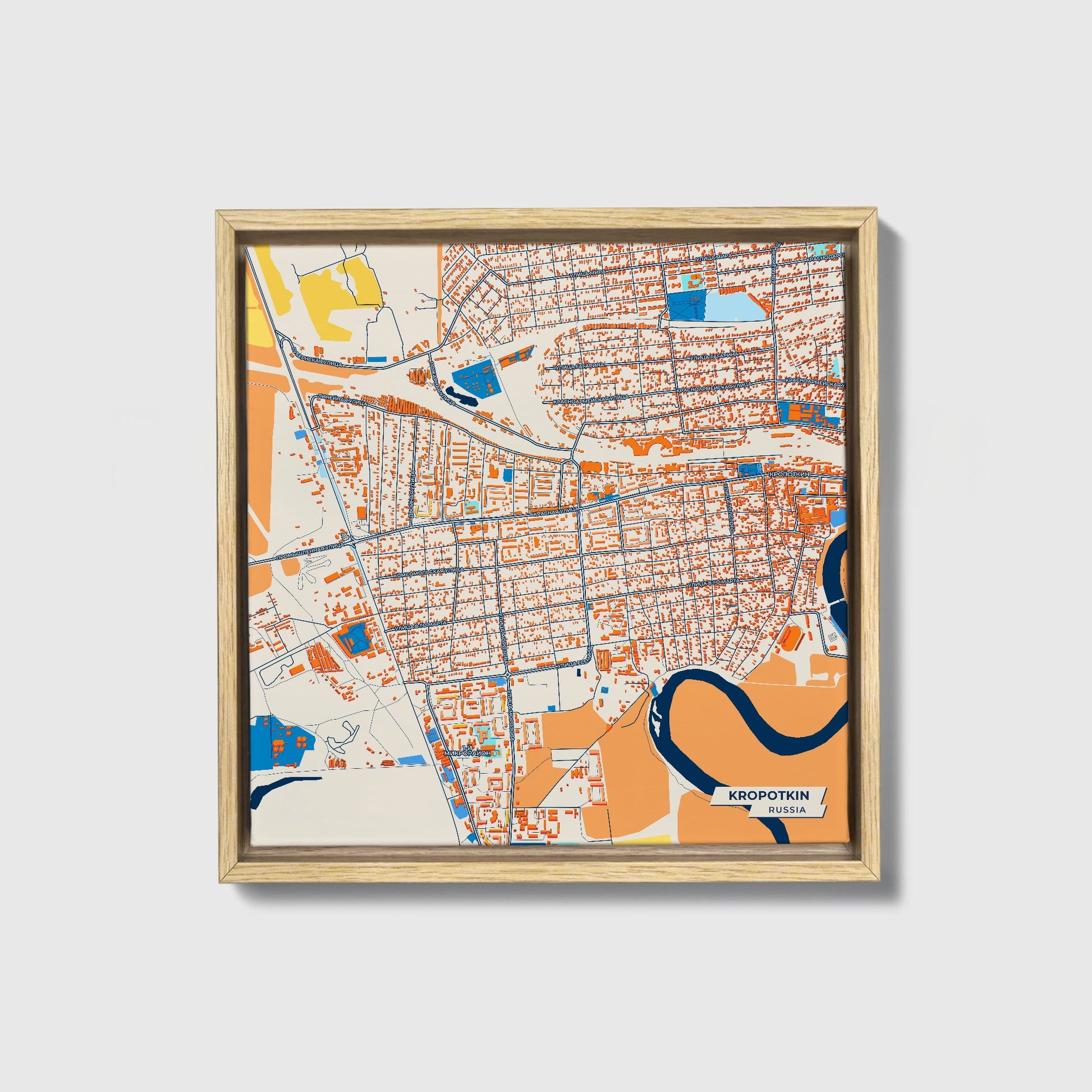 Кропоткинский Russia Colorful City Map Canvas Print • Natural Wooden Framed