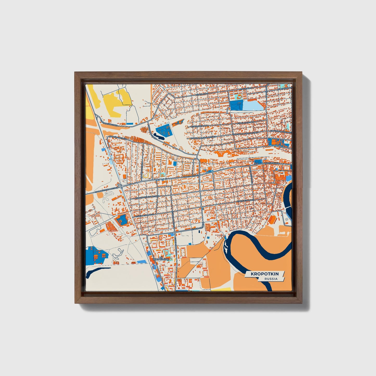 Кропоткинский Russia Colorful City Map Canvas Print • Dark Wooden Framed