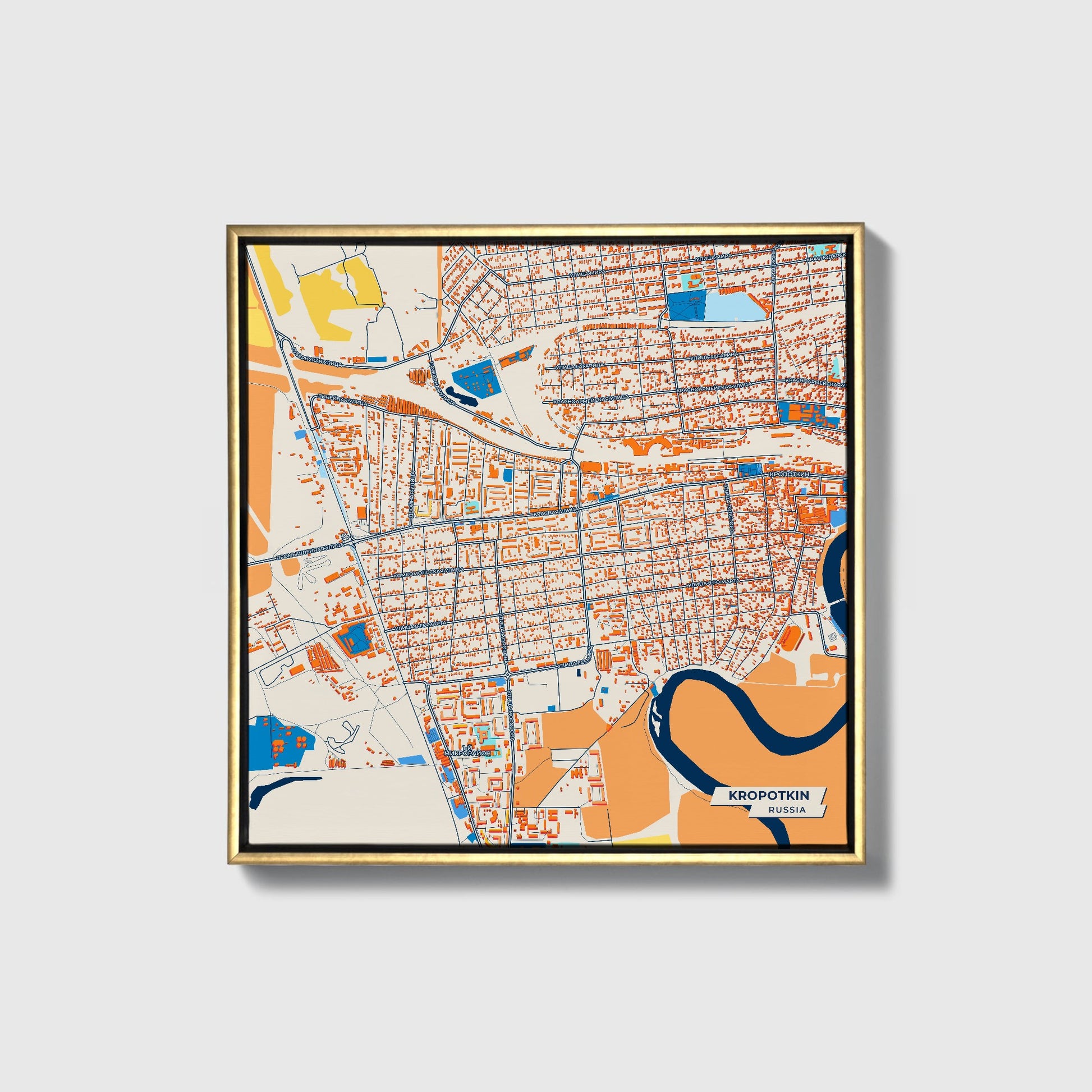 Кропоткинский Russia Colorful City Map Canvas Print • Gold Framed