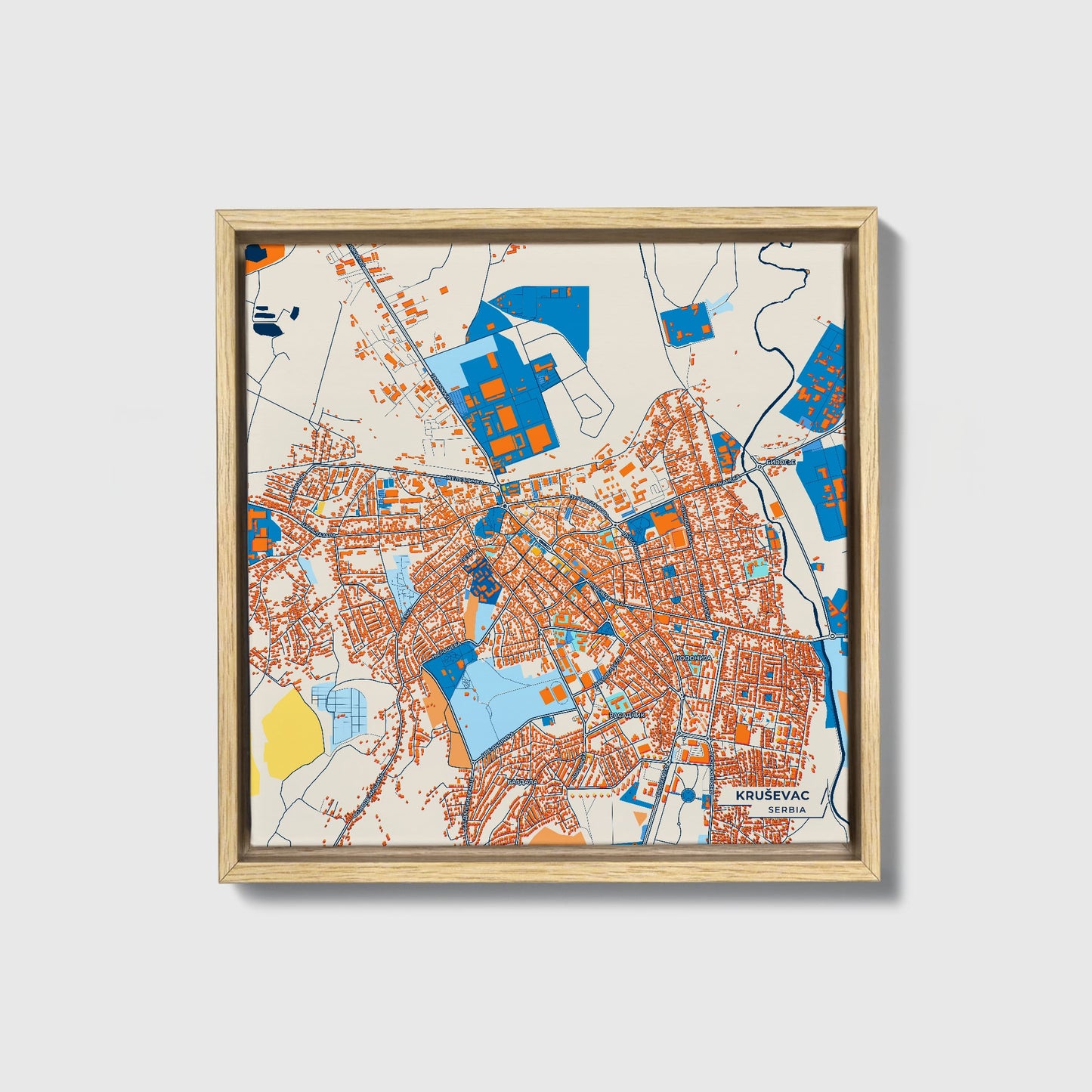 Крушевац Serbia Colorful City Map Canvas Print • Natural Wooden Framed