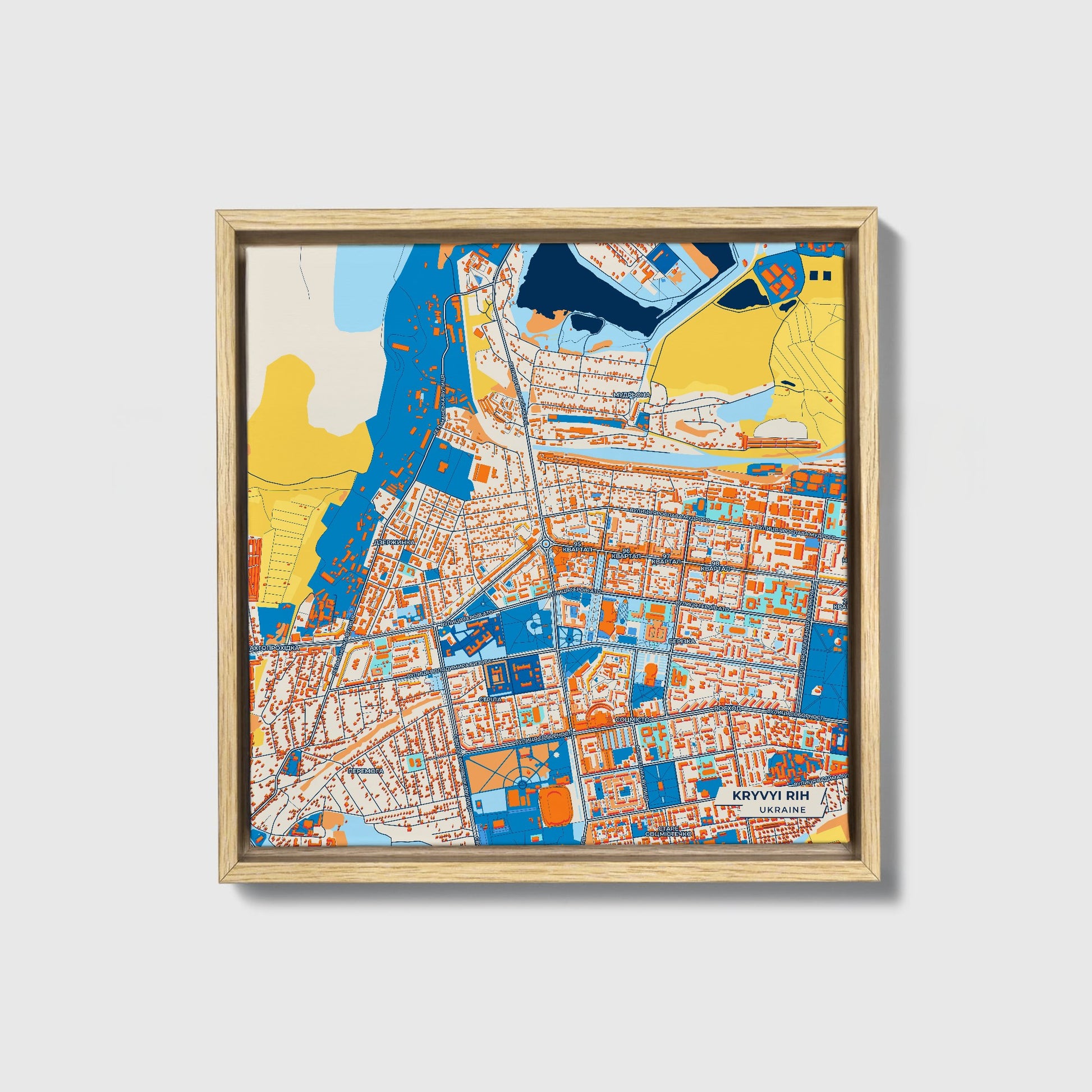 Кривий Ріх Ukraine Colorful City Map Canvas Print • Natural Wooden Framed