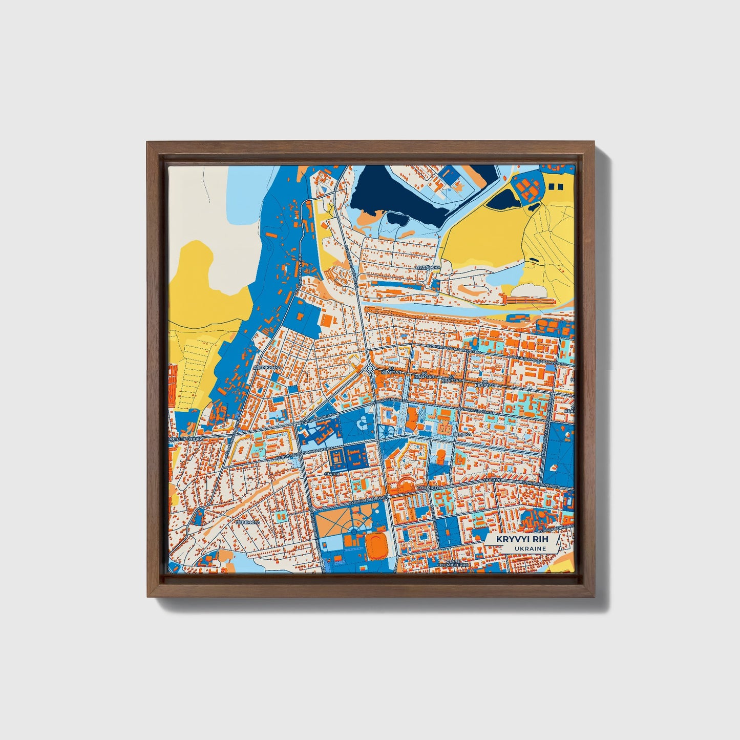 Кривий Ріх Ukraine Colorful City Map Canvas Print • Dark Wooden Framed
