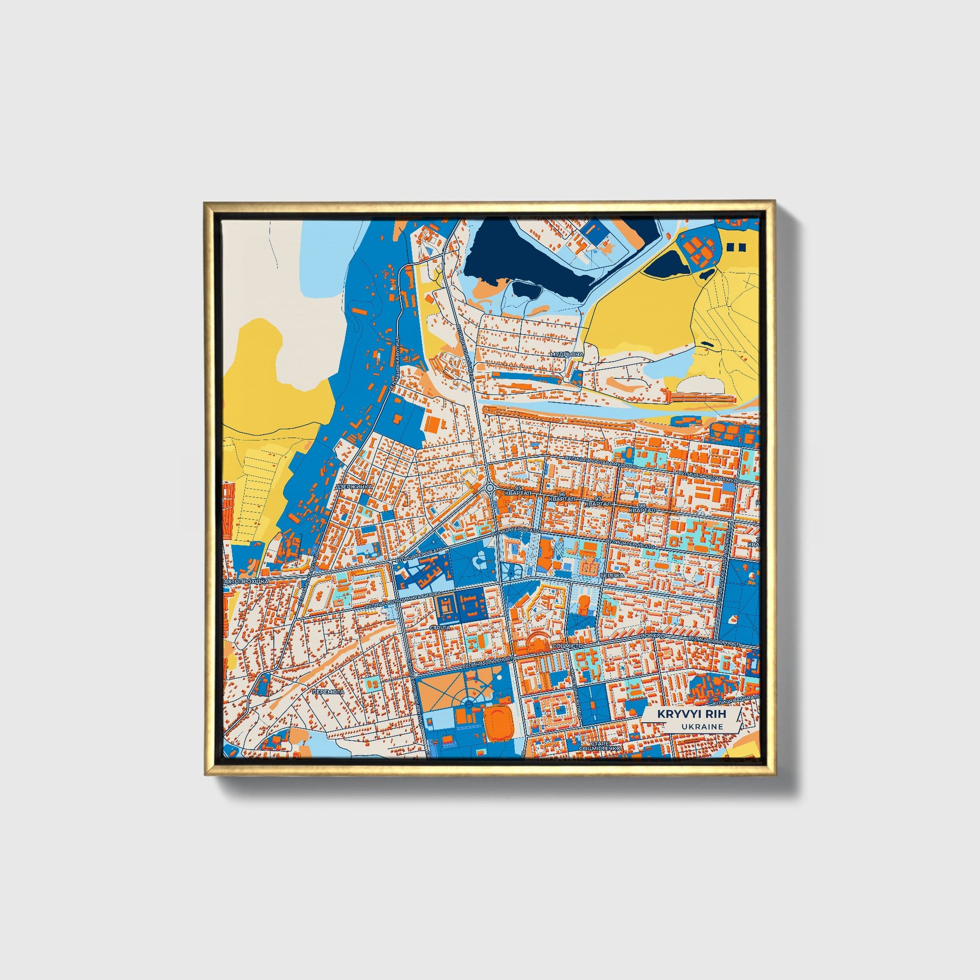 Кривий Ріх Ukraine Colorful City Map Canvas Print • Gold Framed