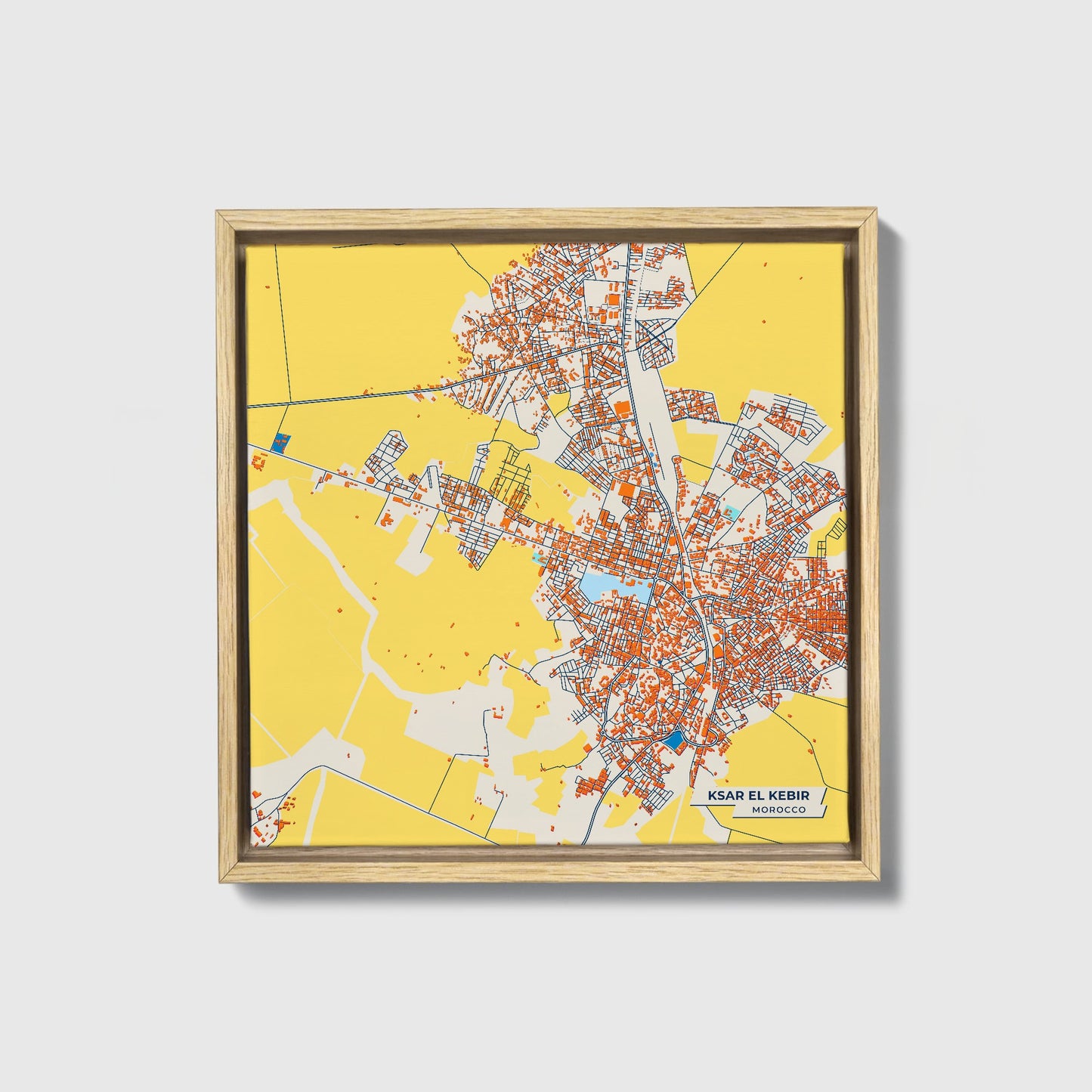 Ksar El Kebir Morocco Colorful City Map Canvas Print • Natural Wooden Framed