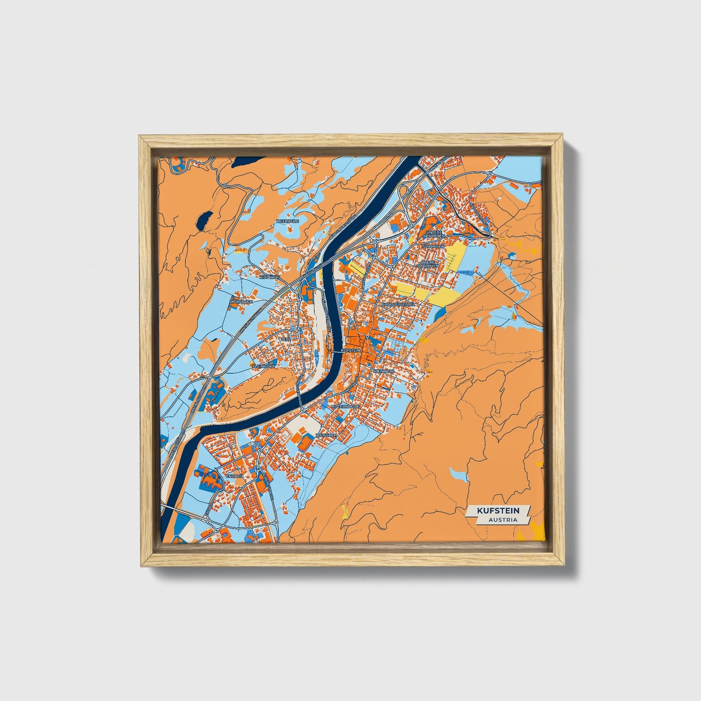 Kufstein Austria Colorful City Map Canvas Print • Natural Wooden Framed