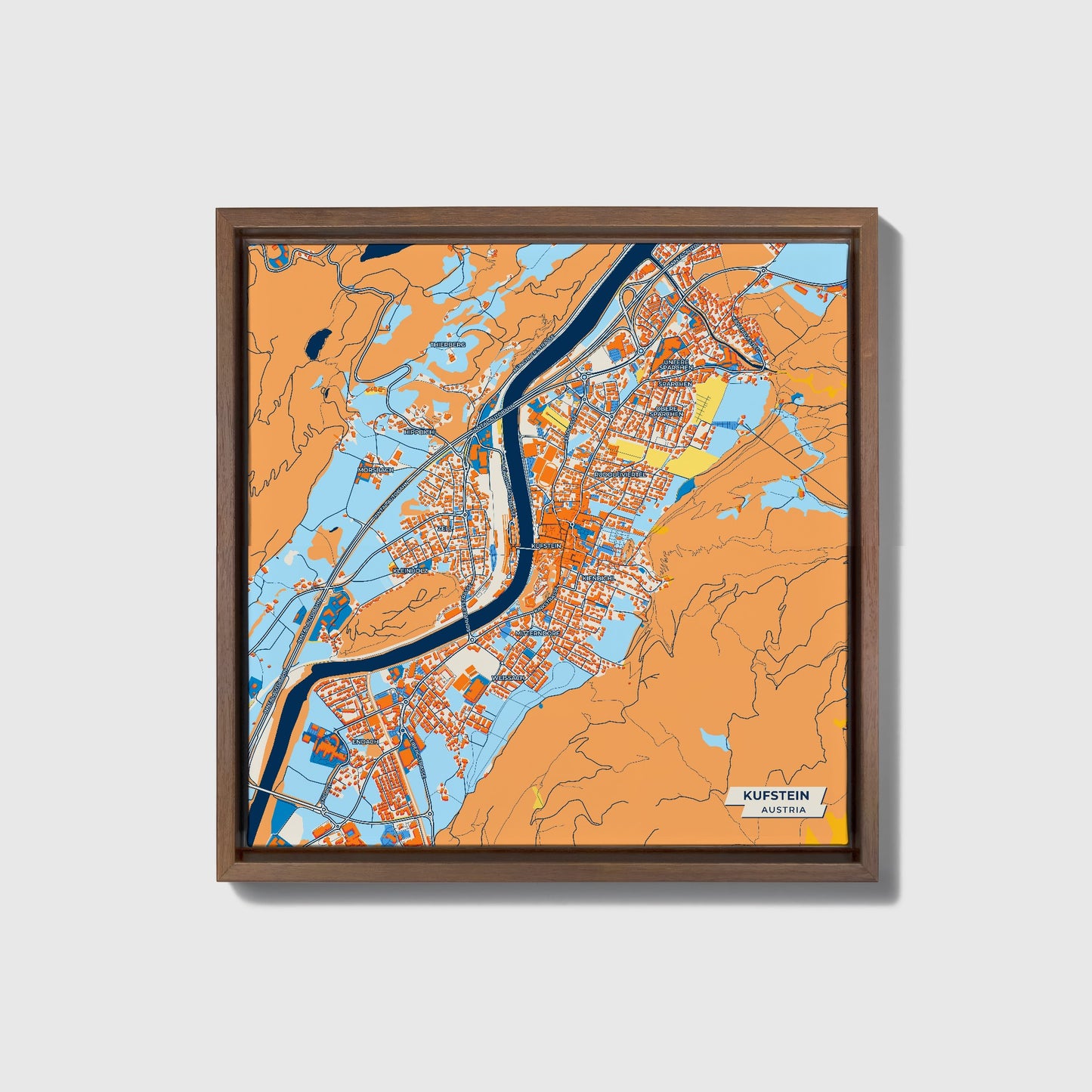 Kufstein Austria Colorful City Map Canvas Print • Dark Wooden Framed