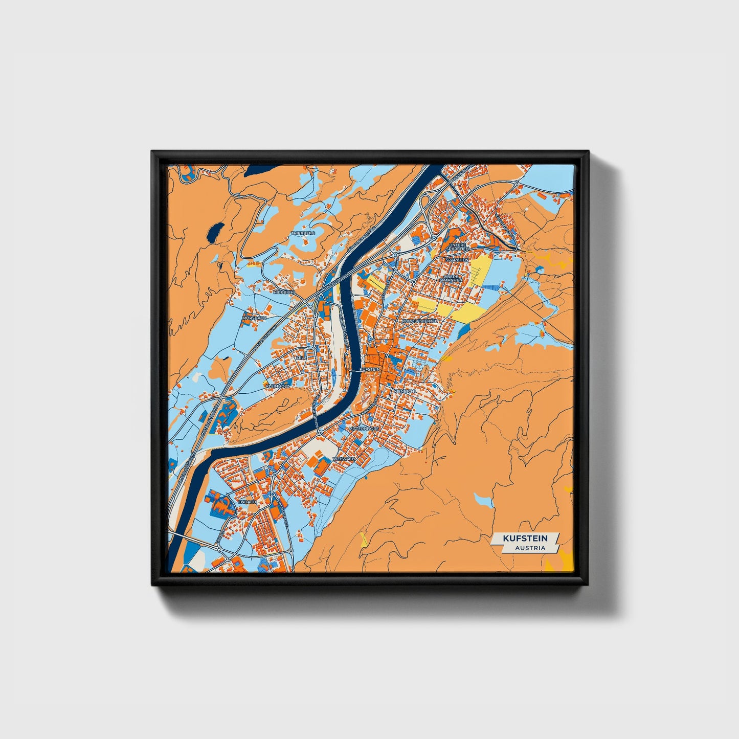 Kufstein Austria Colorful City Map Canvas Print • Black Framed
