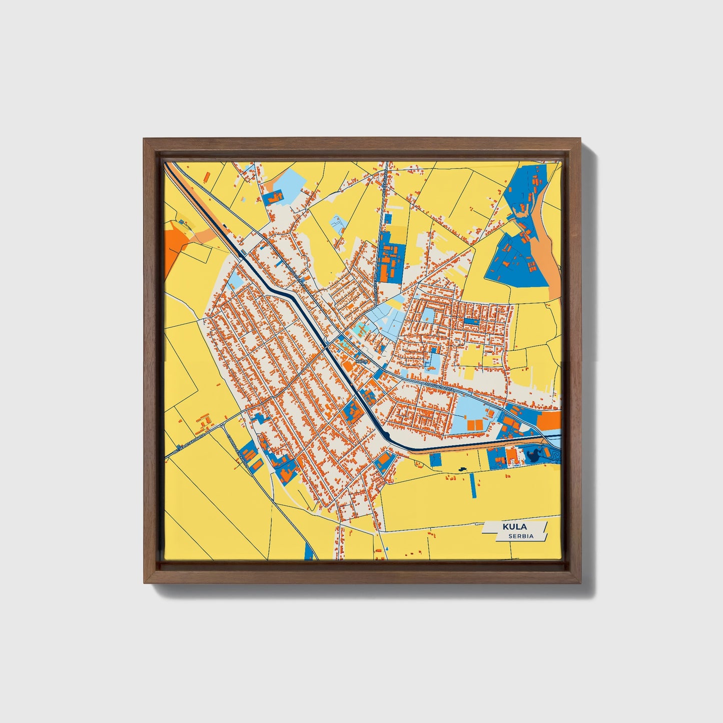 Кула Serbia Colorful City Map Canvas Print • Dark Wooden Framed