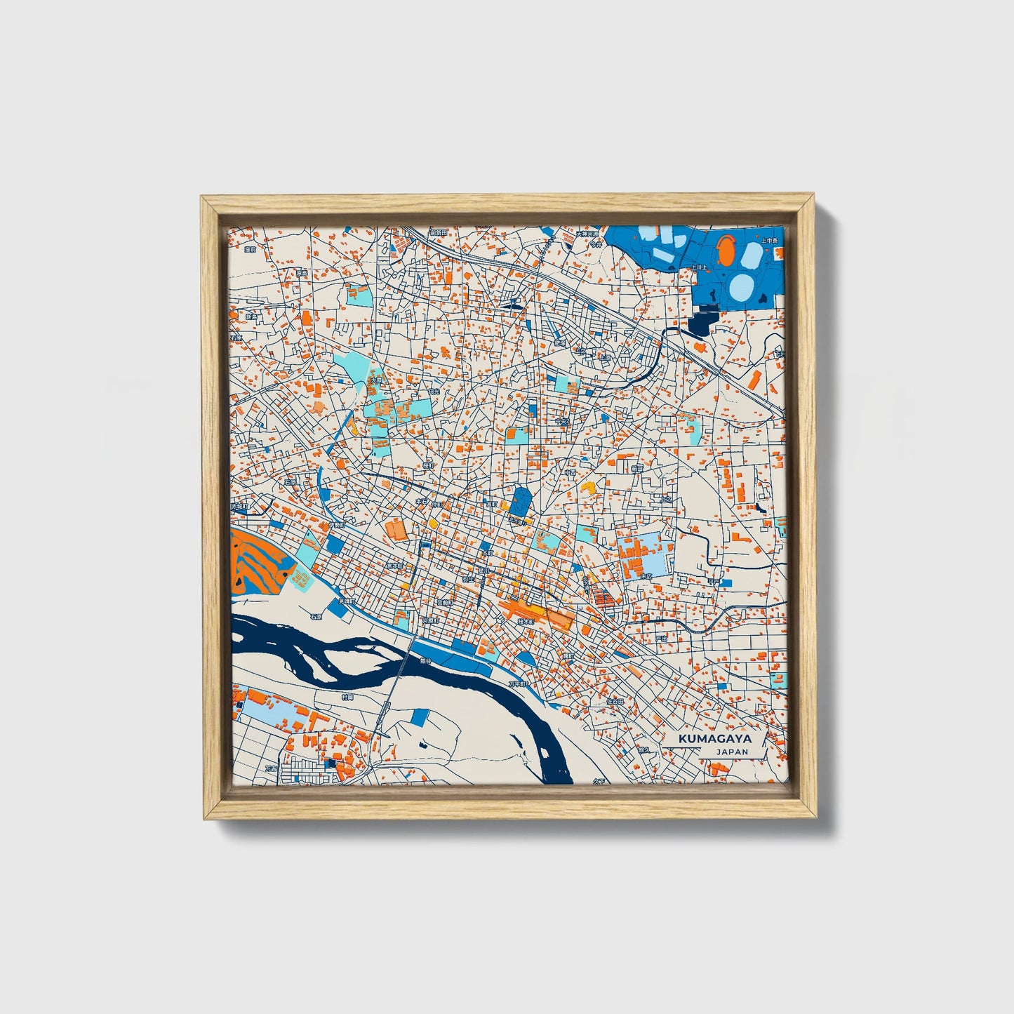 Kumagaya Japan Colorful City Map Canvas Print • Natural Wooden Framed