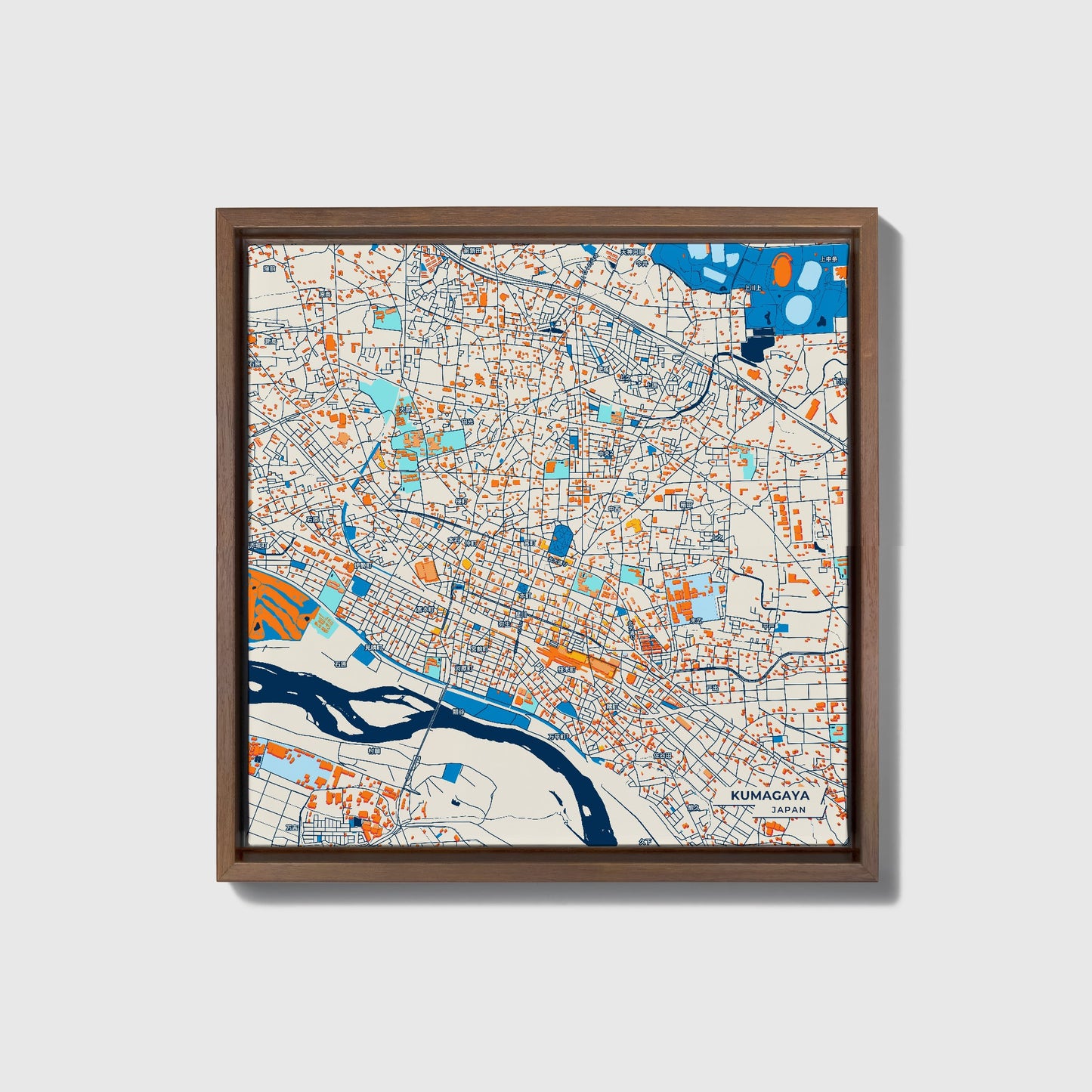 Kumagaya Japan Colorful City Map Canvas Print • Dark Wooden Framed