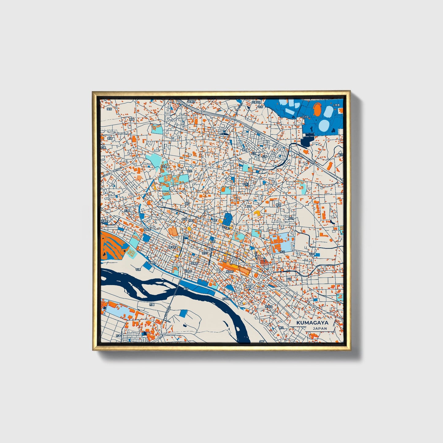 Kumagaya Japan Colorful City Map Canvas Print • Gold Framed