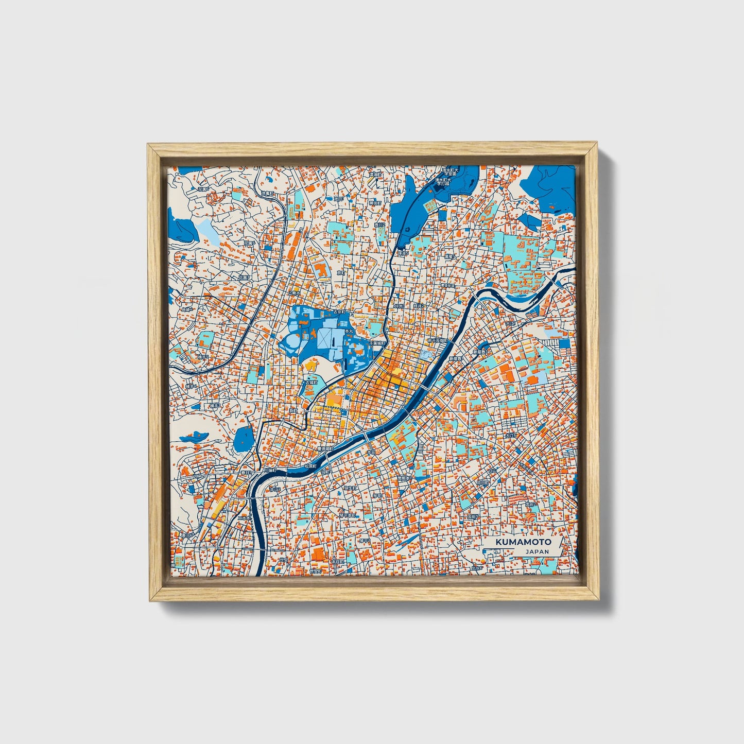 Kumamoto Japan Colorful City Map Canvas Print • Natural Wooden Framed