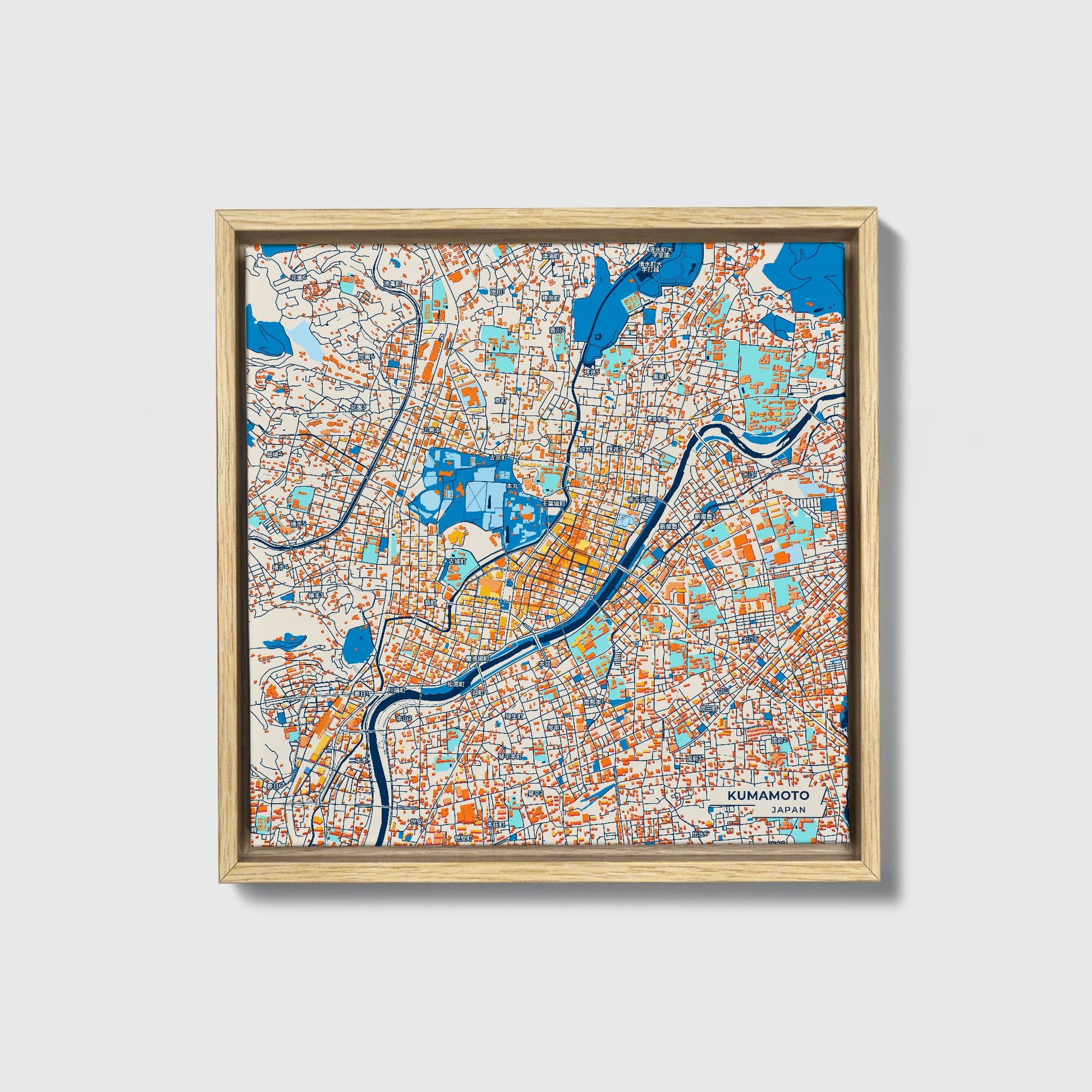 Kumamoto Japan Colorful City Map Canvas Print • Natural Wooden Framed