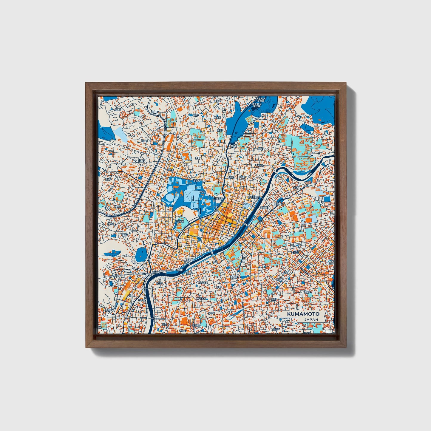 Kumamoto Japan Colorful City Map Canvas Print • Dark Wooden Framed