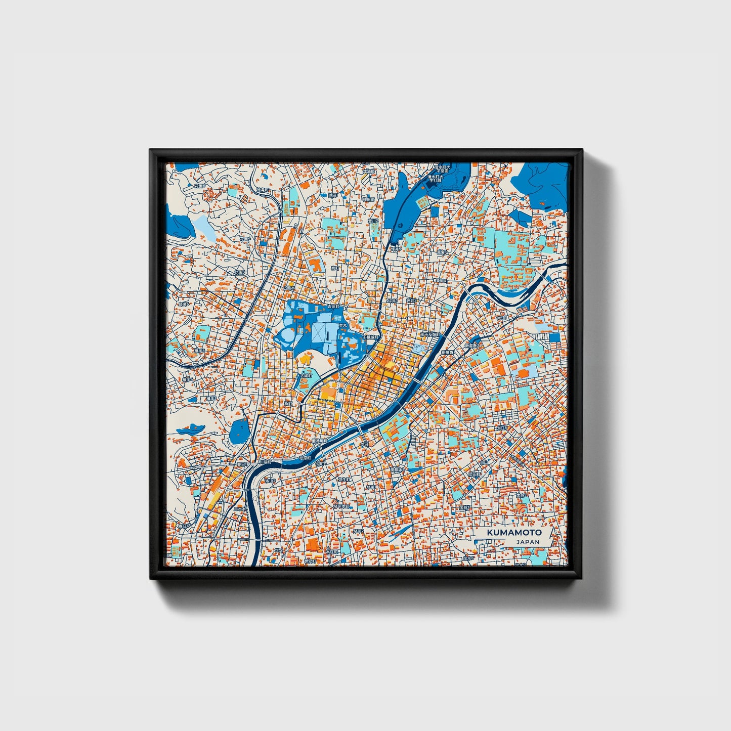 Kumamoto Japan Colorful City Map Canvas Print • Black Framed