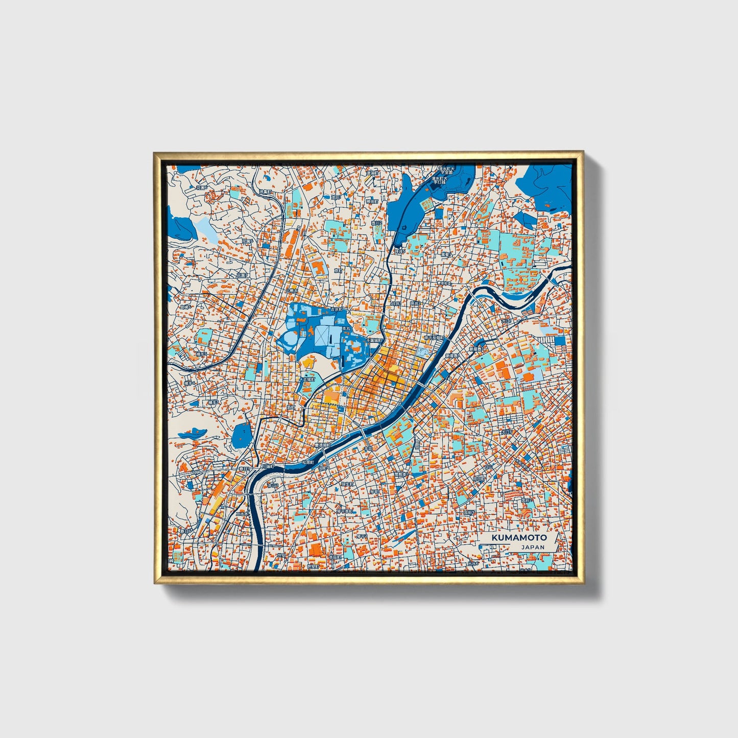 Kumamoto Japan Colorful City Map Canvas Print • Gold Framed
