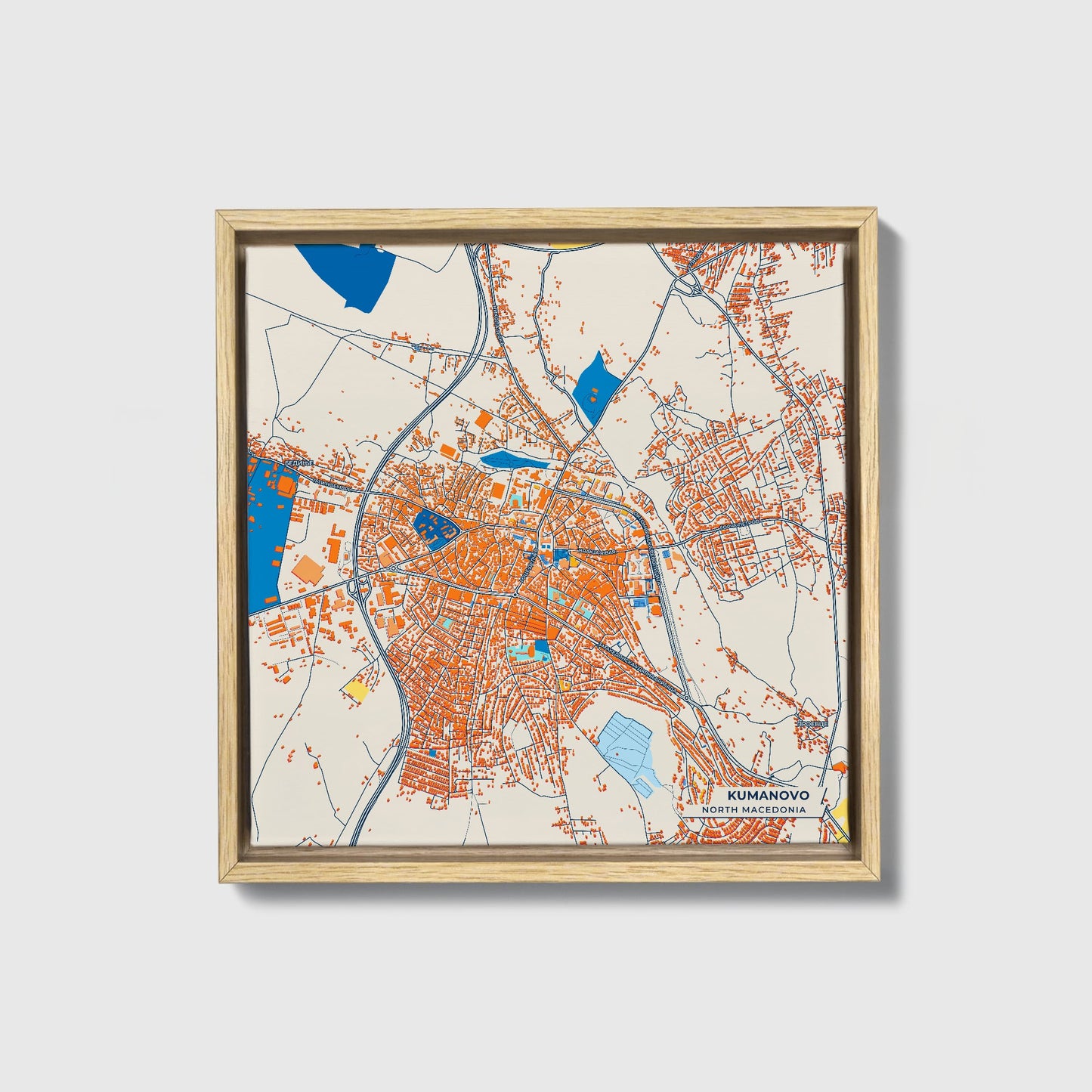 Kumanovo North Macedonia Colorful City Map Canvas Print • Natural Wooden Framed