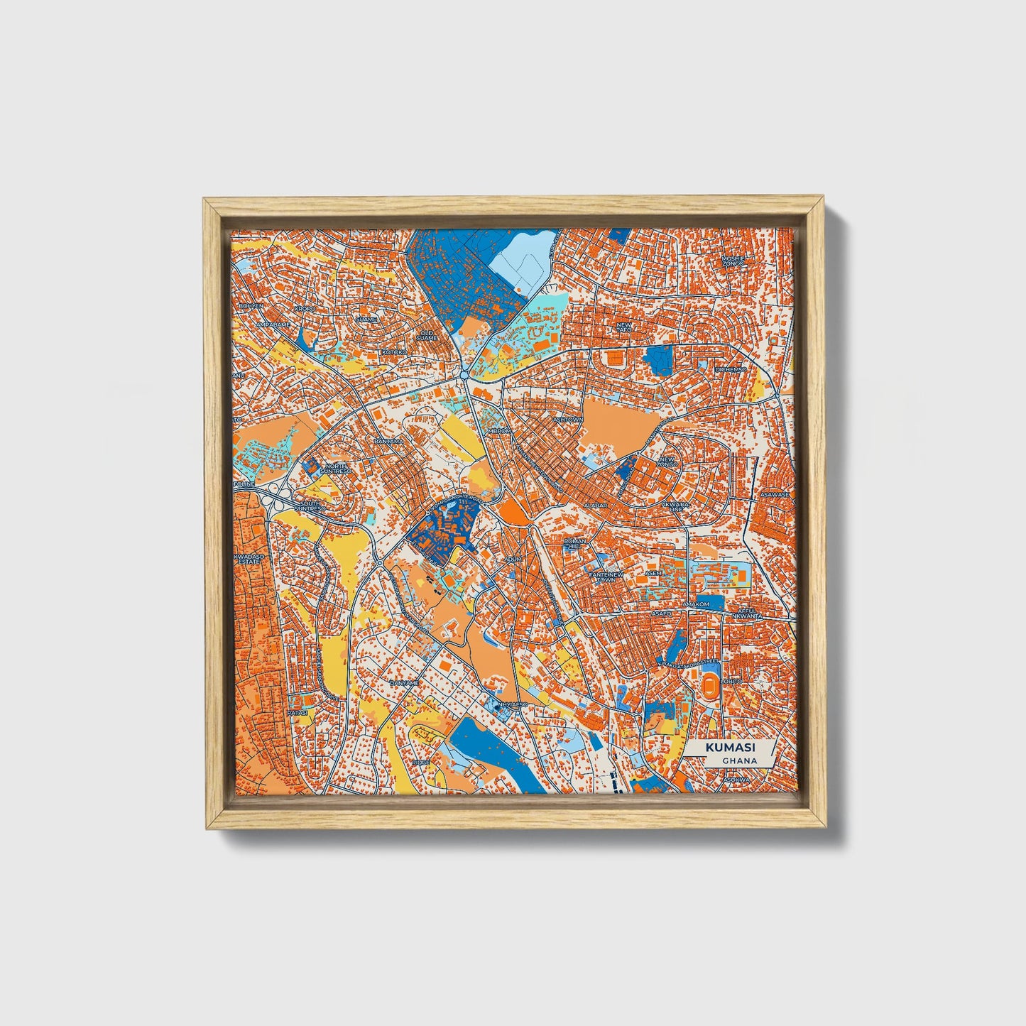 Kumasi Ghana Colorful City Map Canvas Print • Natural Wooden Framed