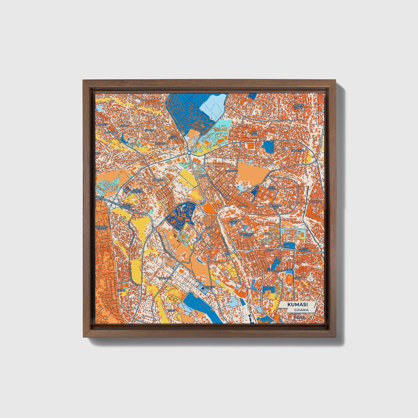 Kumasi Ghana Colorful City Map Canvas Print • Dark Wooden Framed