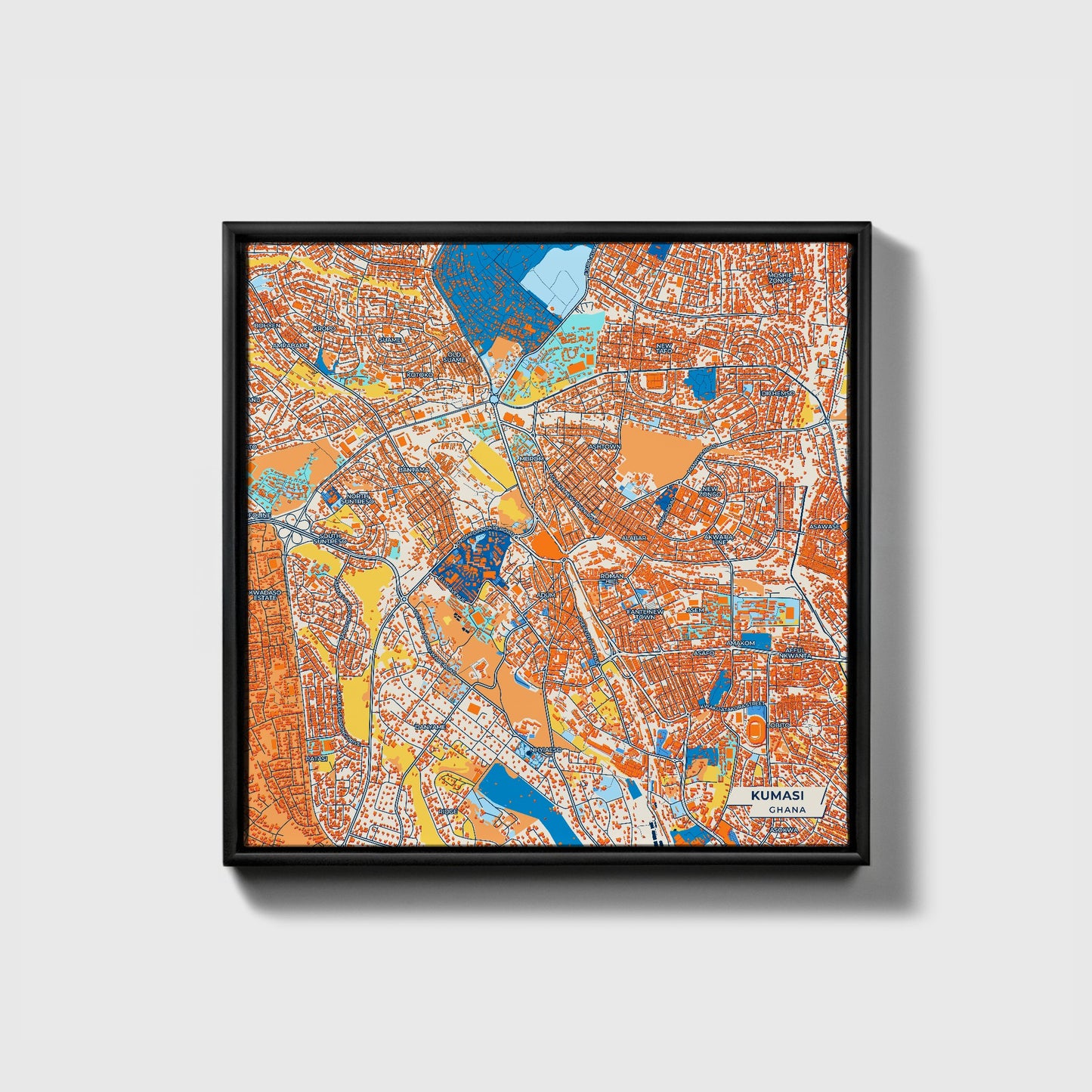 Kumasi Ghana Colorful City Map Canvas Print • Black Framed