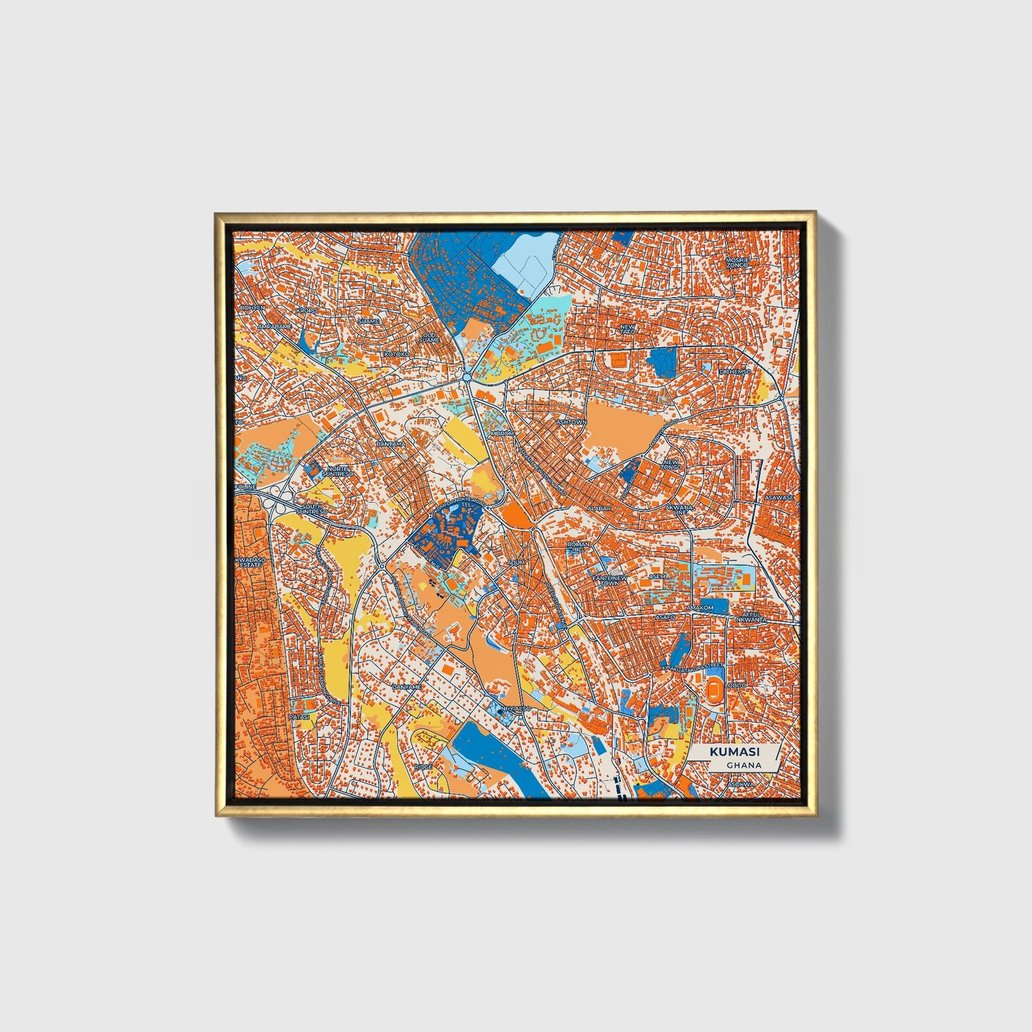 Kumasi Ghana Colorful City Map Canvas Print • Gold Framed