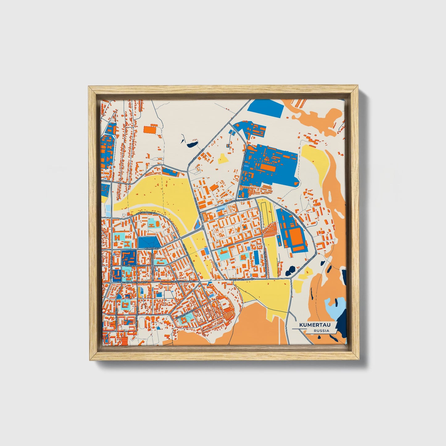 Кумертау Russia Colorful City Map Canvas Print • Natural Wooden Framed