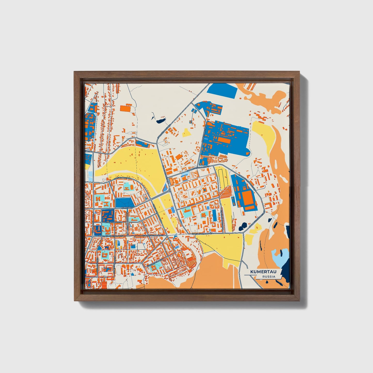 Кумертау Russia Colorful City Map Canvas Print • Dark Wooden Framed