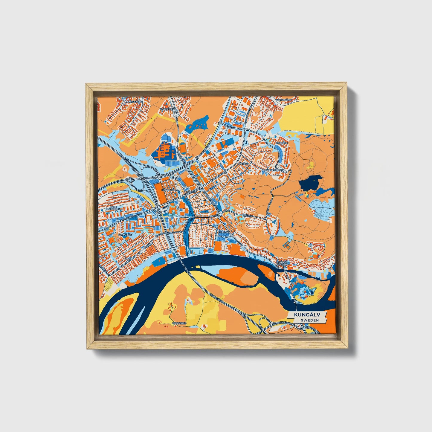 Kungälv Sweden Colorful City Map Canvas Print • Natural Wooden Framed