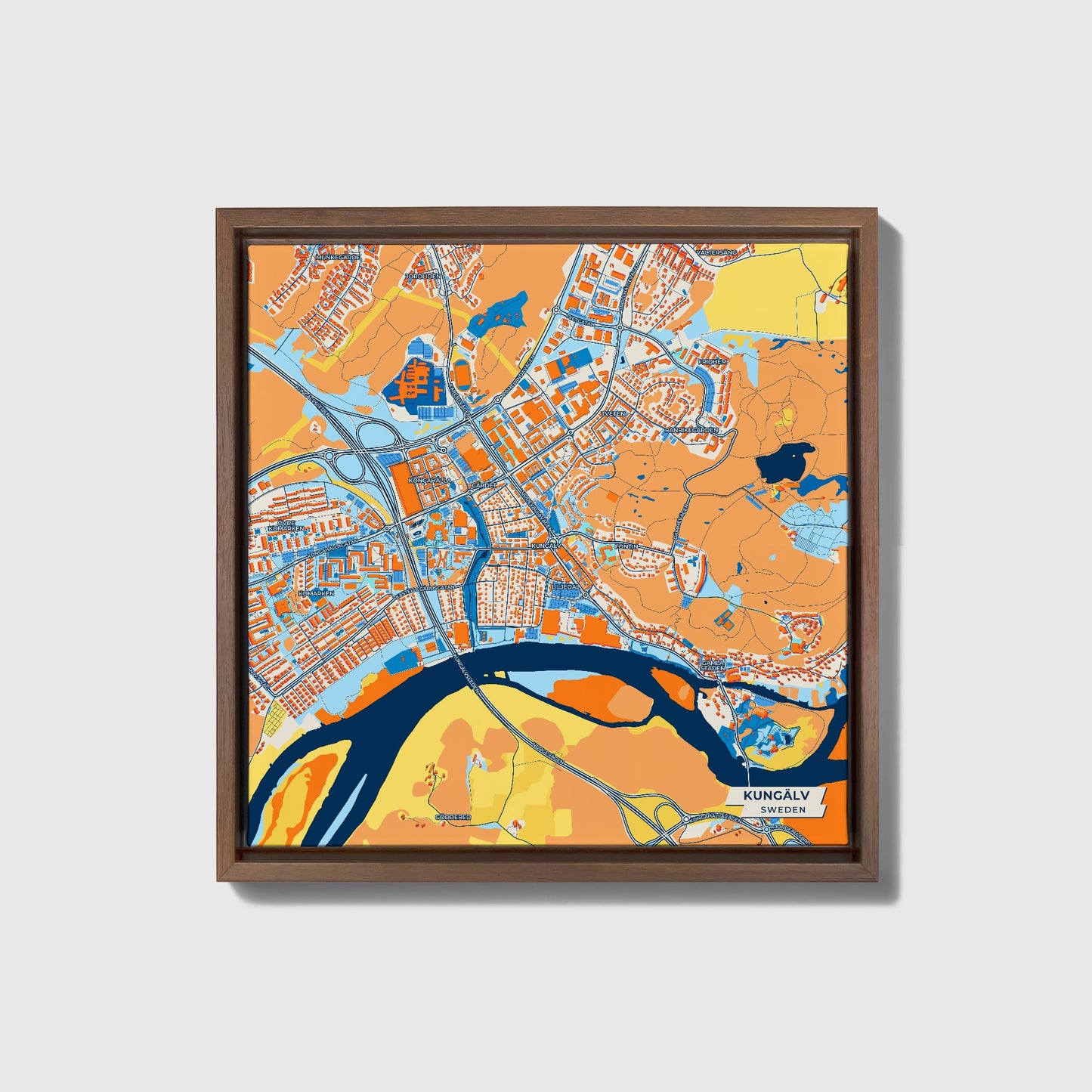 Kungälv Sweden Colorful City Map Canvas Print • Dark Wooden Framed