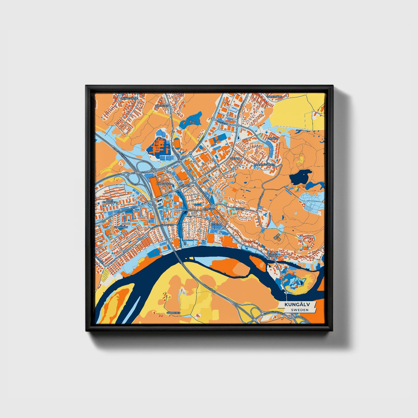Kungälv Sweden Colorful City Map Canvas Print • Black Framed
