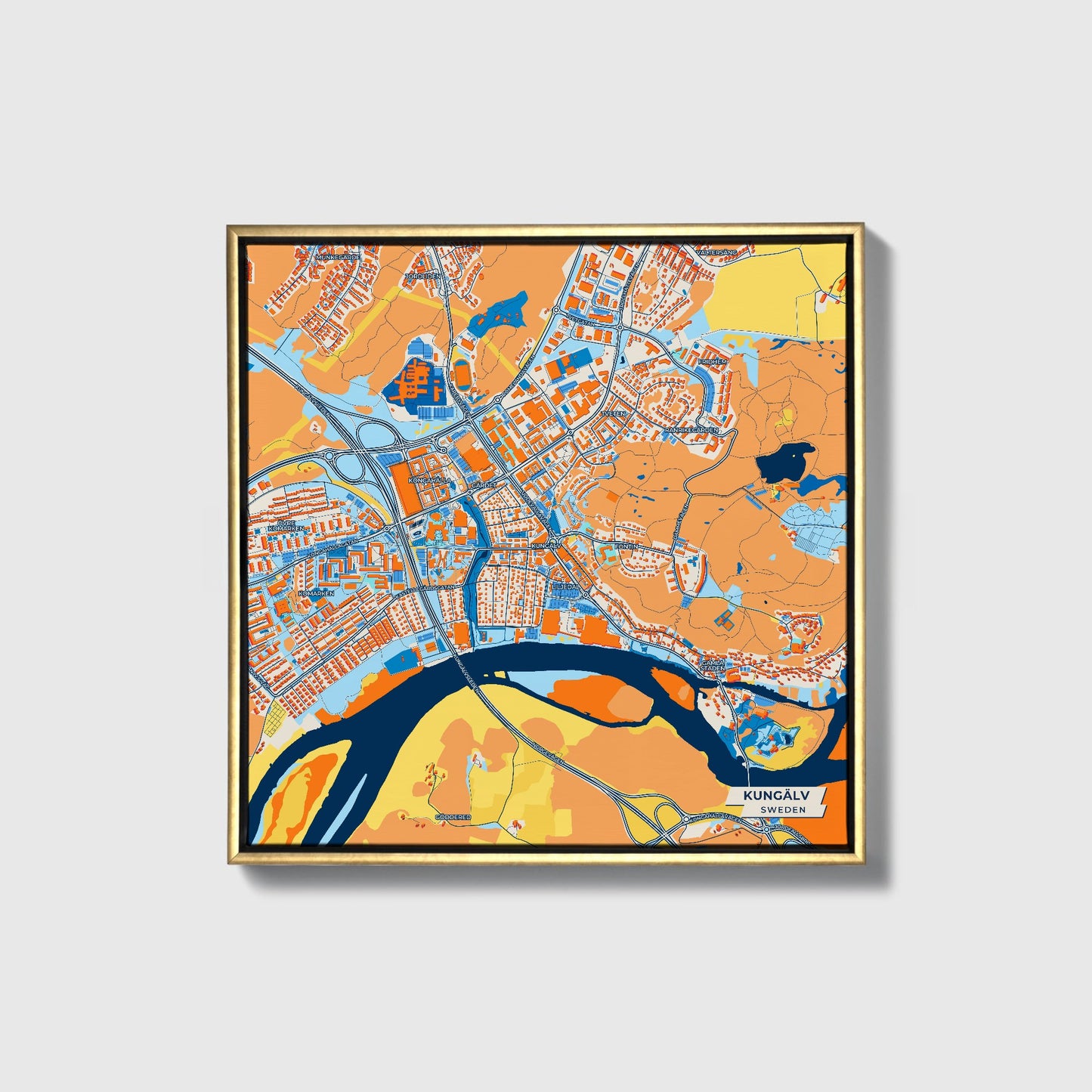 Kungälv Sweden Colorful City Map Canvas Print • Gold Framed