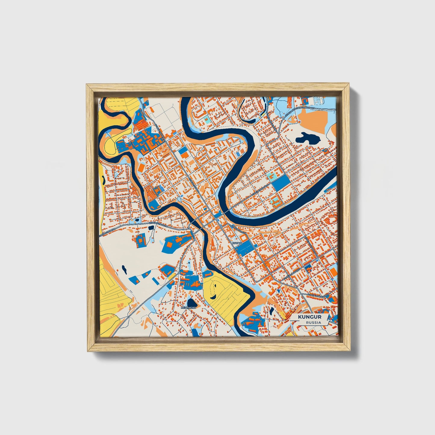 Кунгур Russia Colorful City Map Canvas Print • Natural Wooden Framed