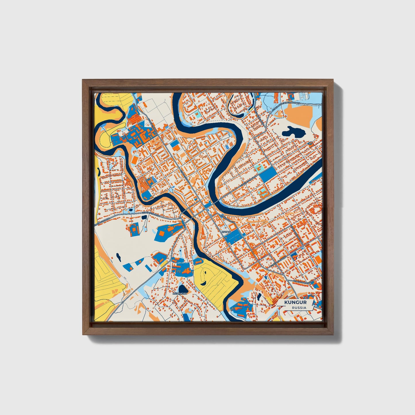 Кунгур Russia Colorful City Map Canvas Print • Dark Wooden Framed