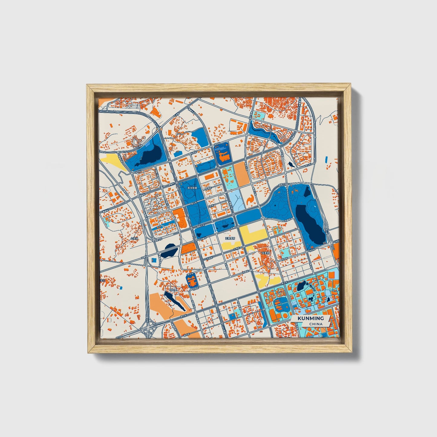 Kunming China Colorful City Map Canvas Print • Natural Wooden Framed