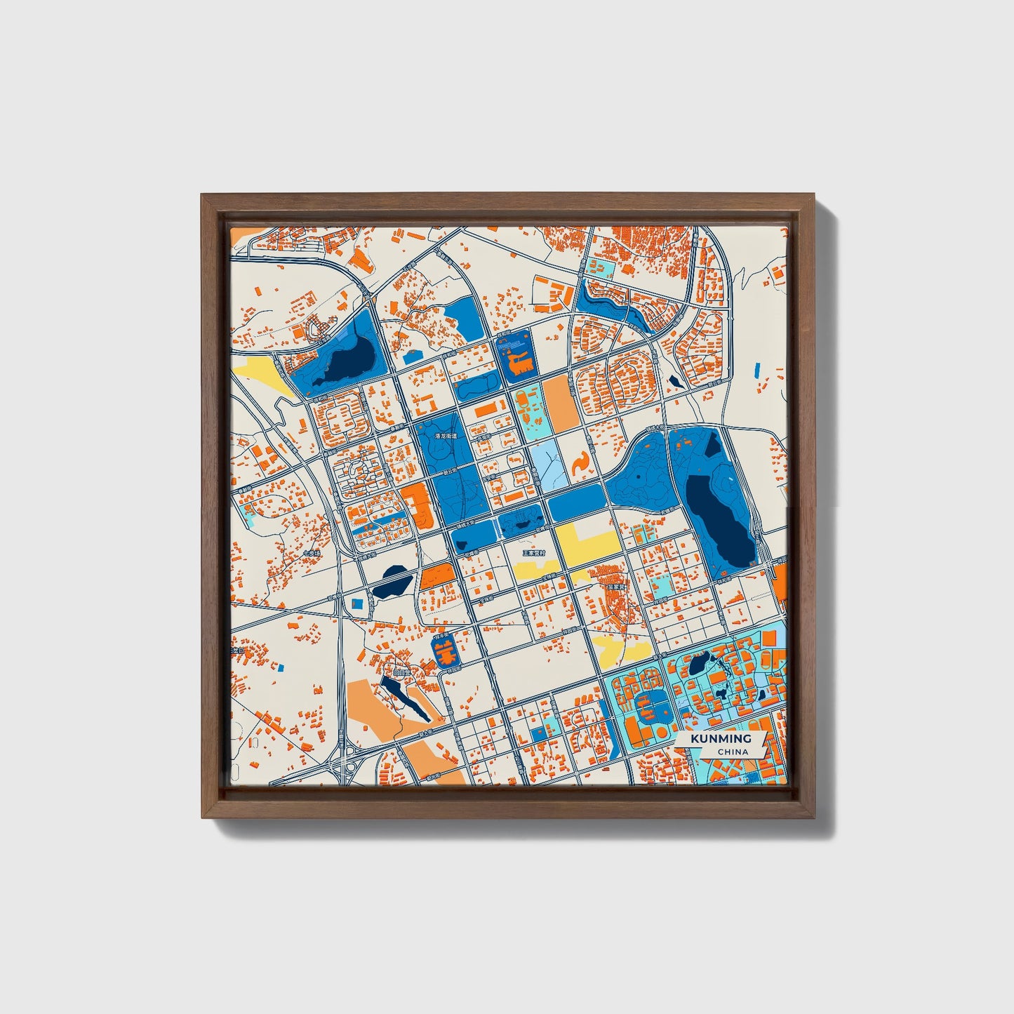 Kunming China Colorful City Map Canvas Print • Dark Wooden Framed