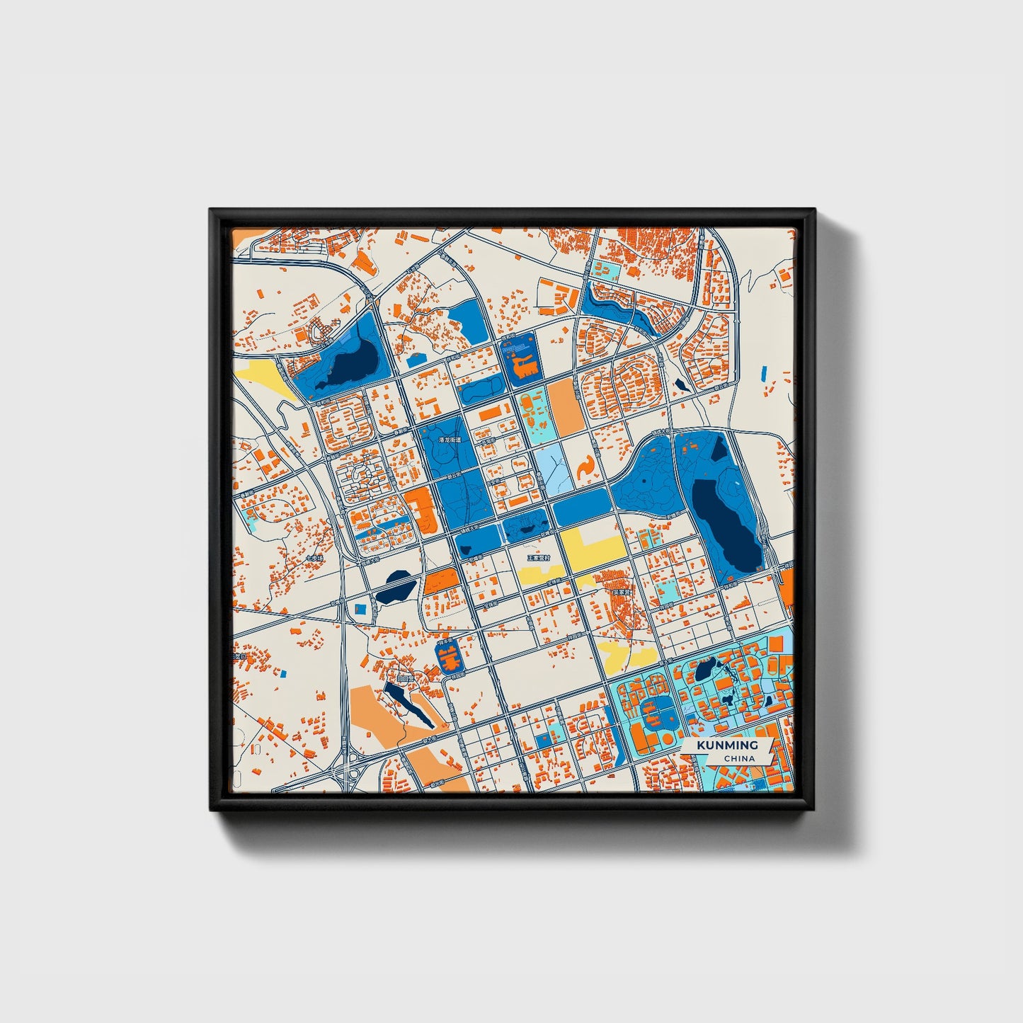 Kunming China Colorful City Map Canvas Print • Black Framed