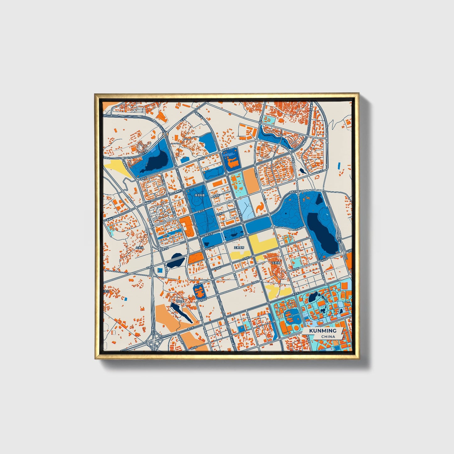 Kunming China Colorful City Map Canvas Print • Gold Framed