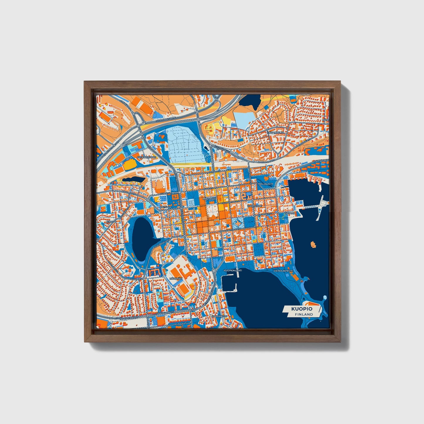Kuopio Finland Colorful City Map Canvas Print • Dark Wooden Framed