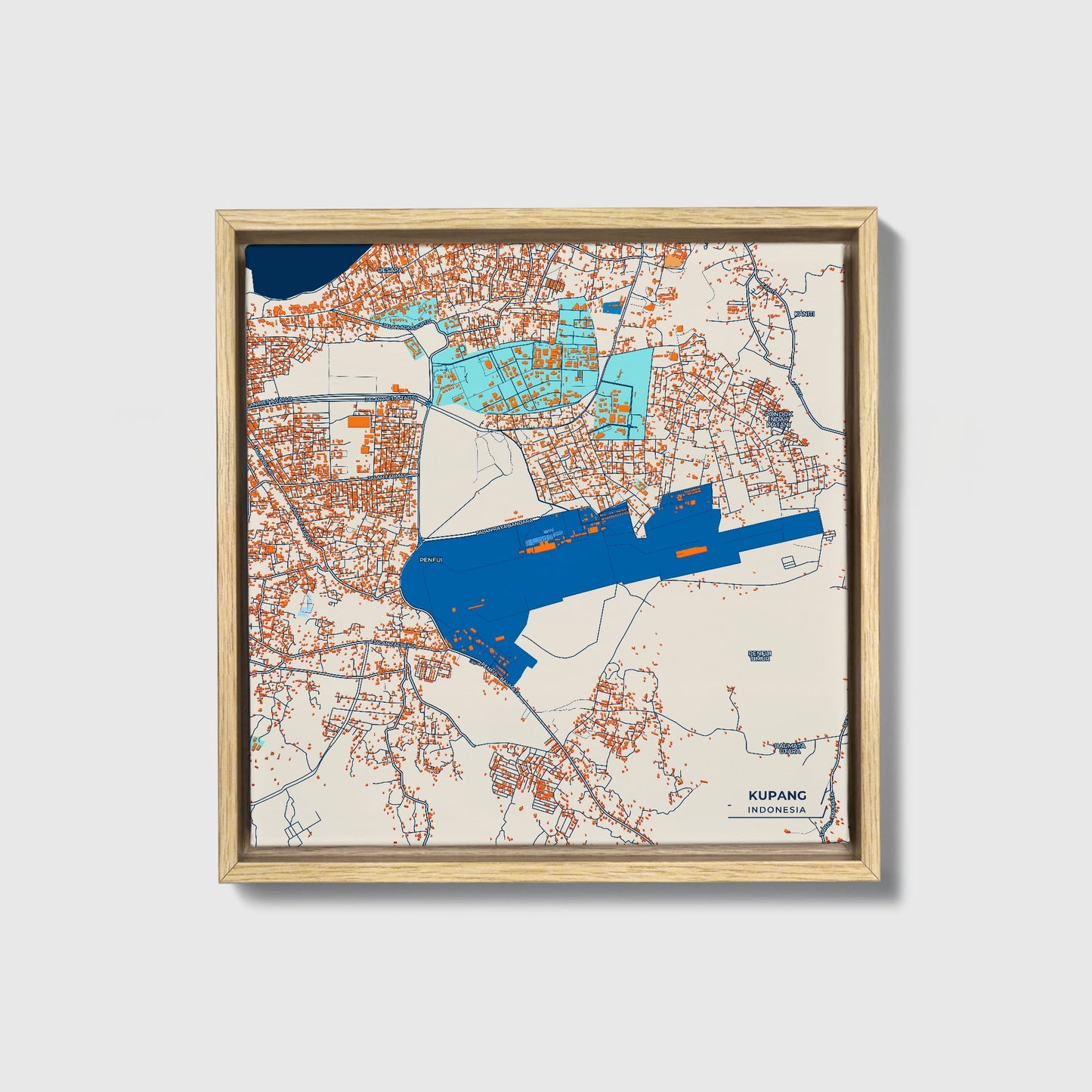 Kupang Indonesia Colorful City Map Canvas Print • Natural Wooden Framed