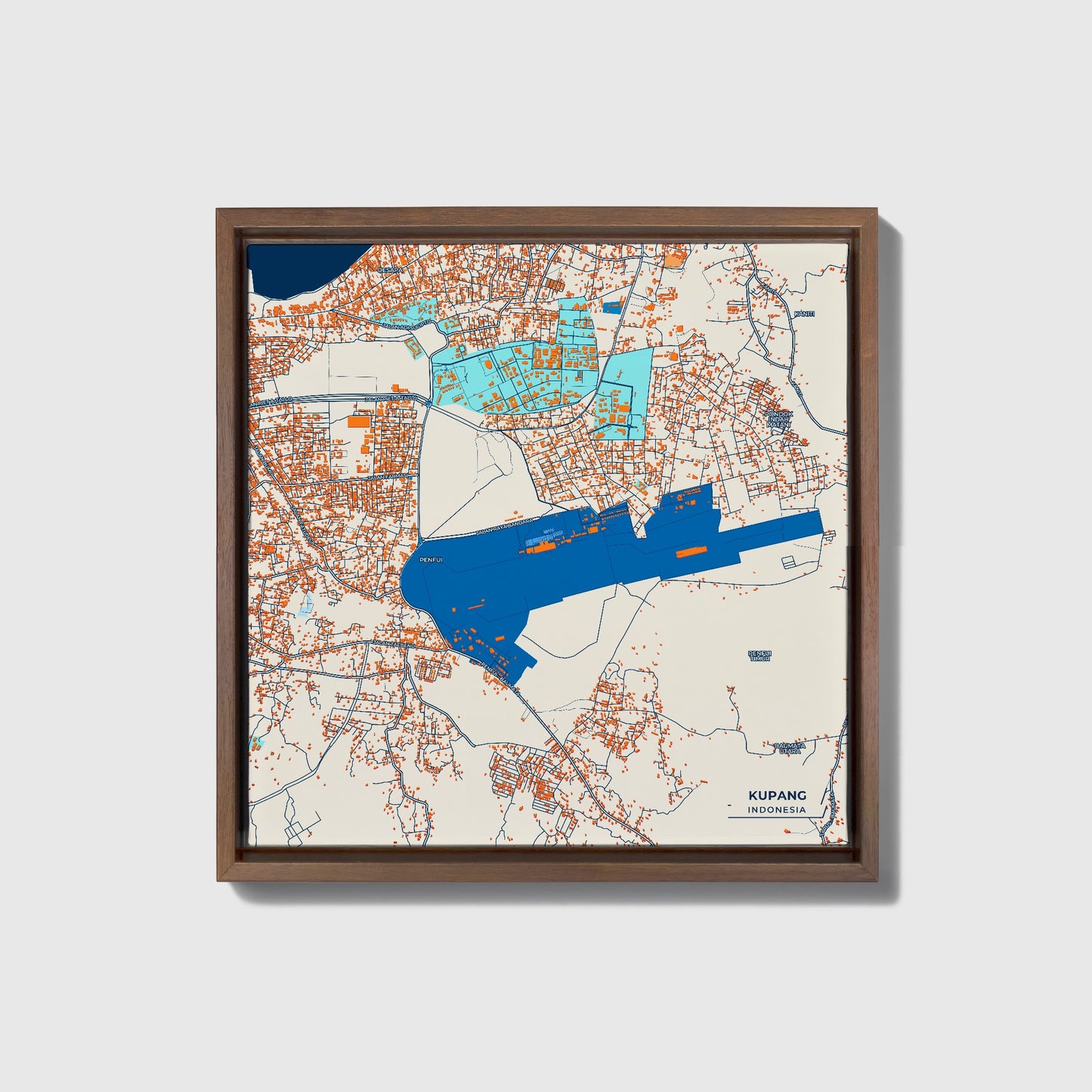Kupang Indonesia Colorful City Map Canvas Print • Dark Wooden Framed