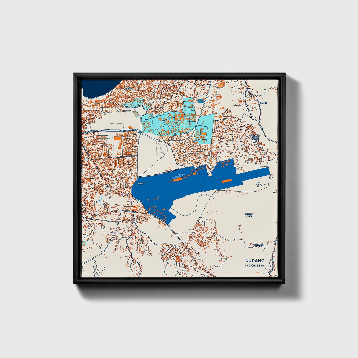 Kupang Indonesia Colorful City Map Canvas Print • Black Framed