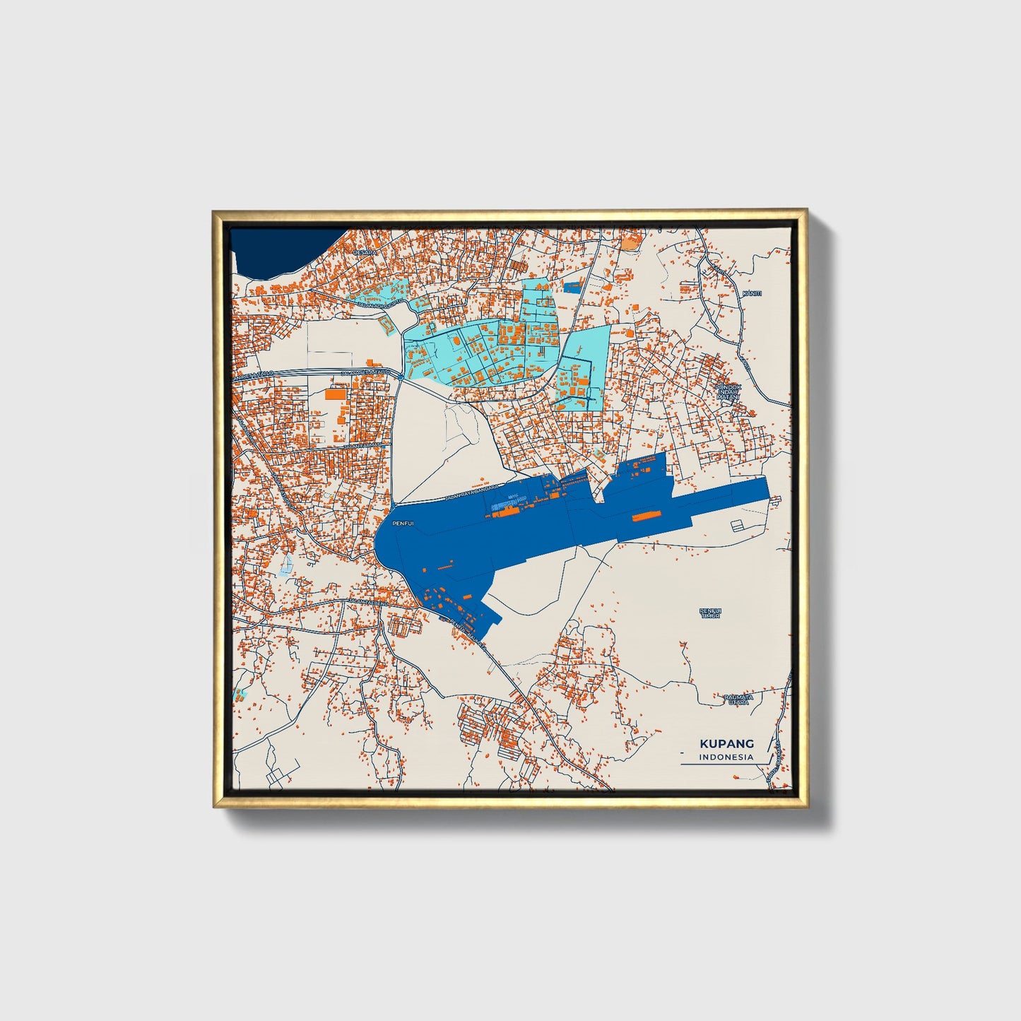 Kupang Indonesia Colorful City Map Canvas Print • Gold Framed