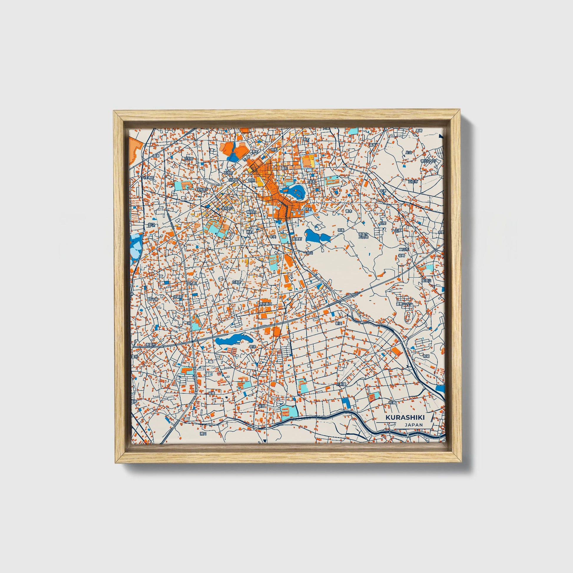 Kurashiki Japan Colorful City Map Canvas Print • Natural Wooden Framed