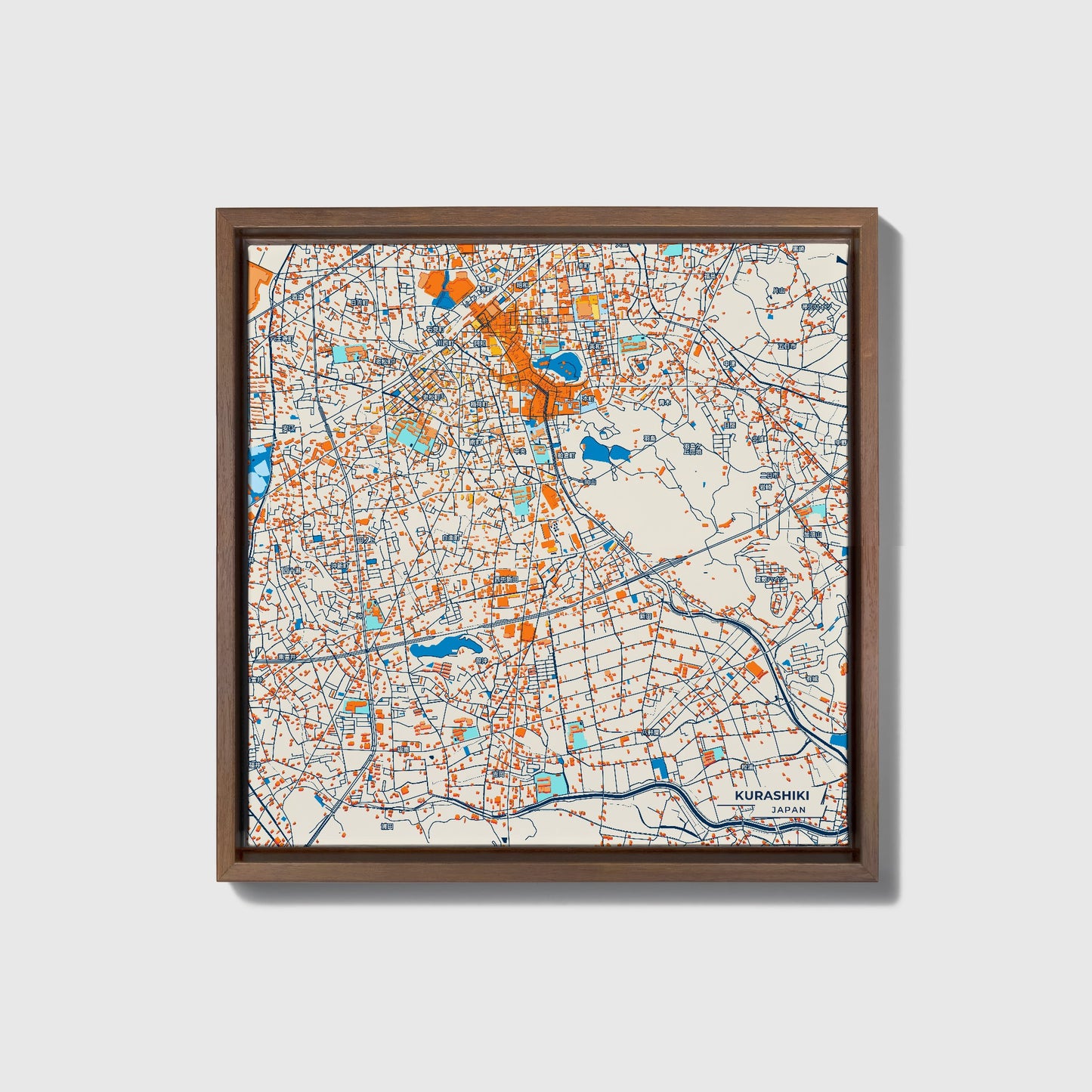 Kurashiki Japan Colorful City Map Canvas Print • Dark Wooden Framed