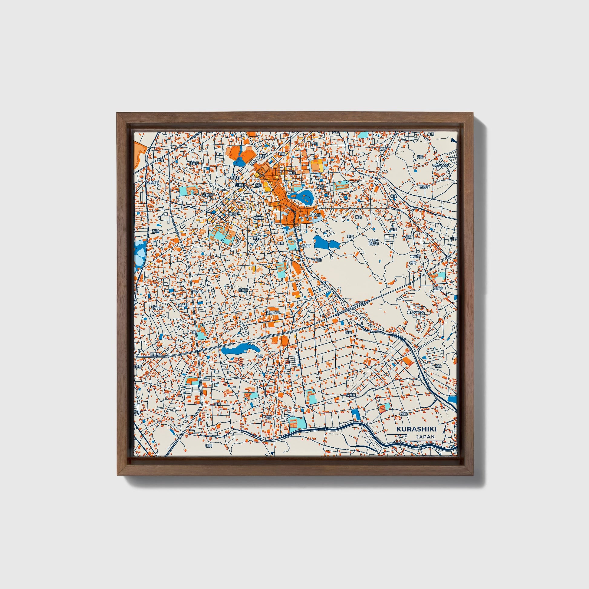 Kurashiki Japan Colorful City Map Canvas Print • Dark Wooden Framed