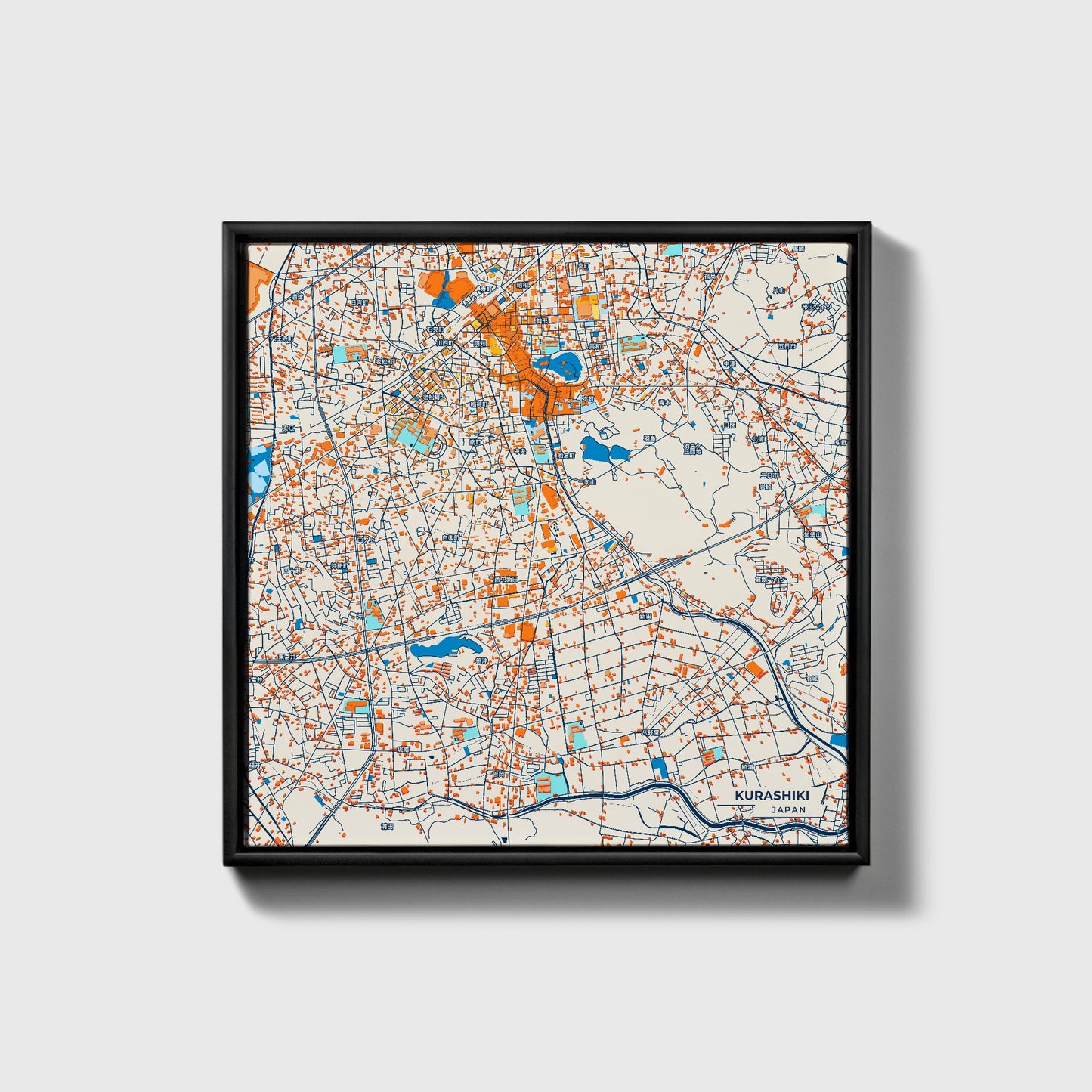 Kurashiki Japan Colorful City Map Canvas Print • Black Framed