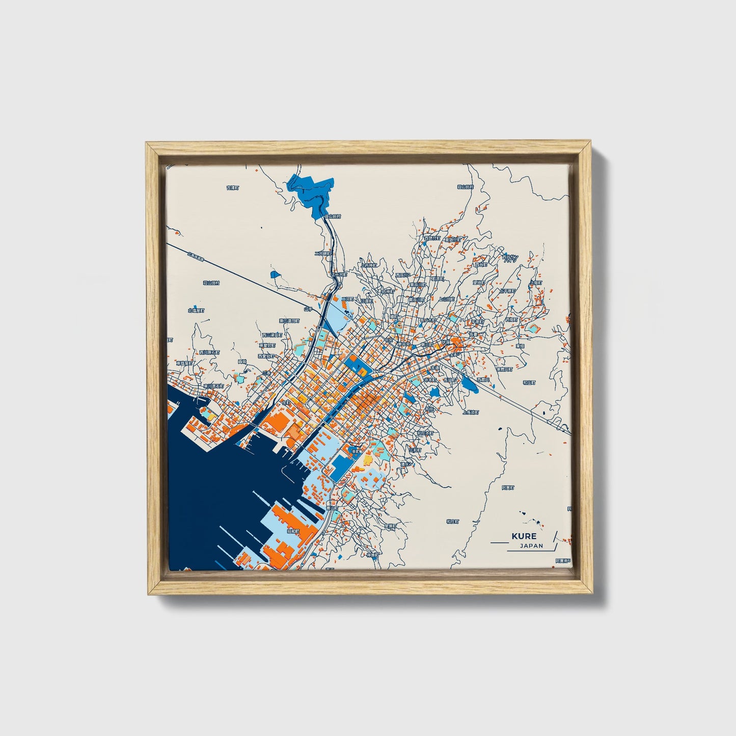 Kure Japan Colorful City Map Canvas Print • Natural Wooden Framed
