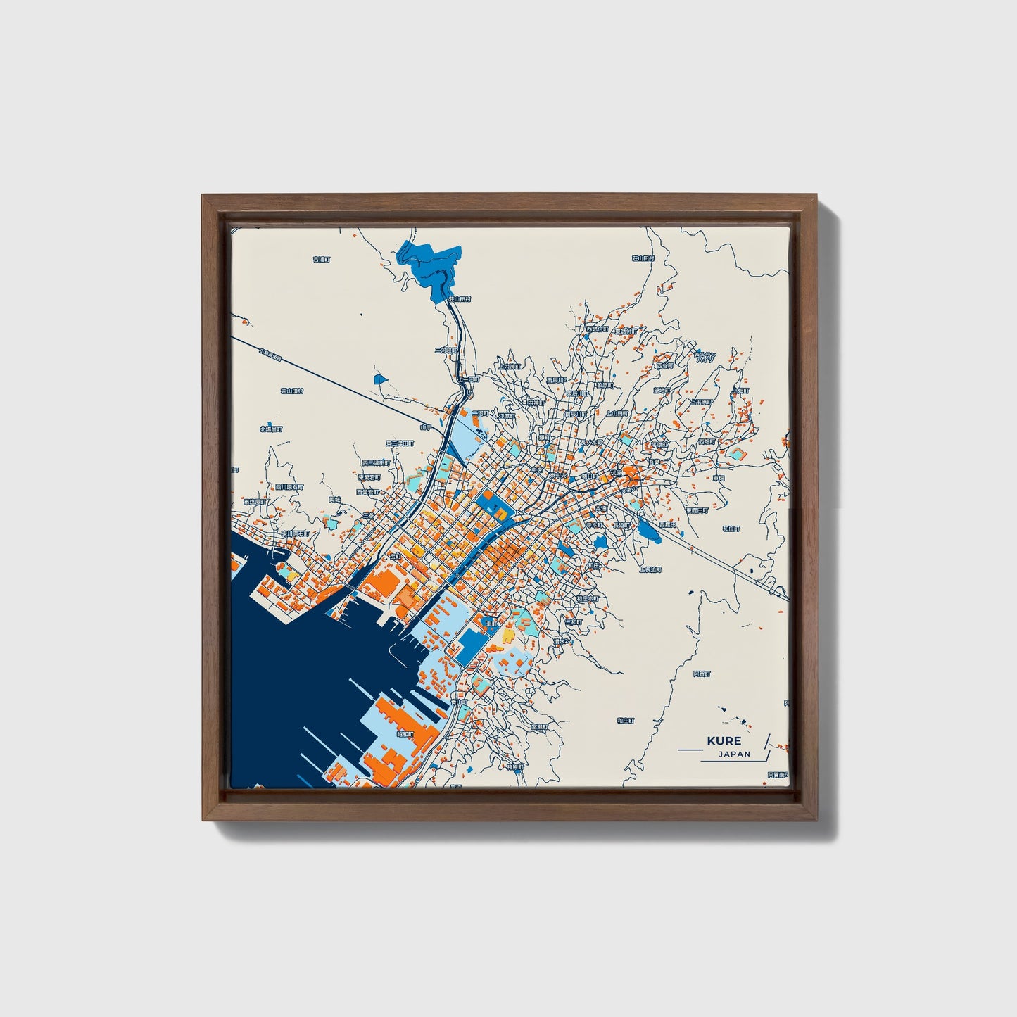 Kure Japan Colorful City Map Canvas Print • Dark Wooden Framed